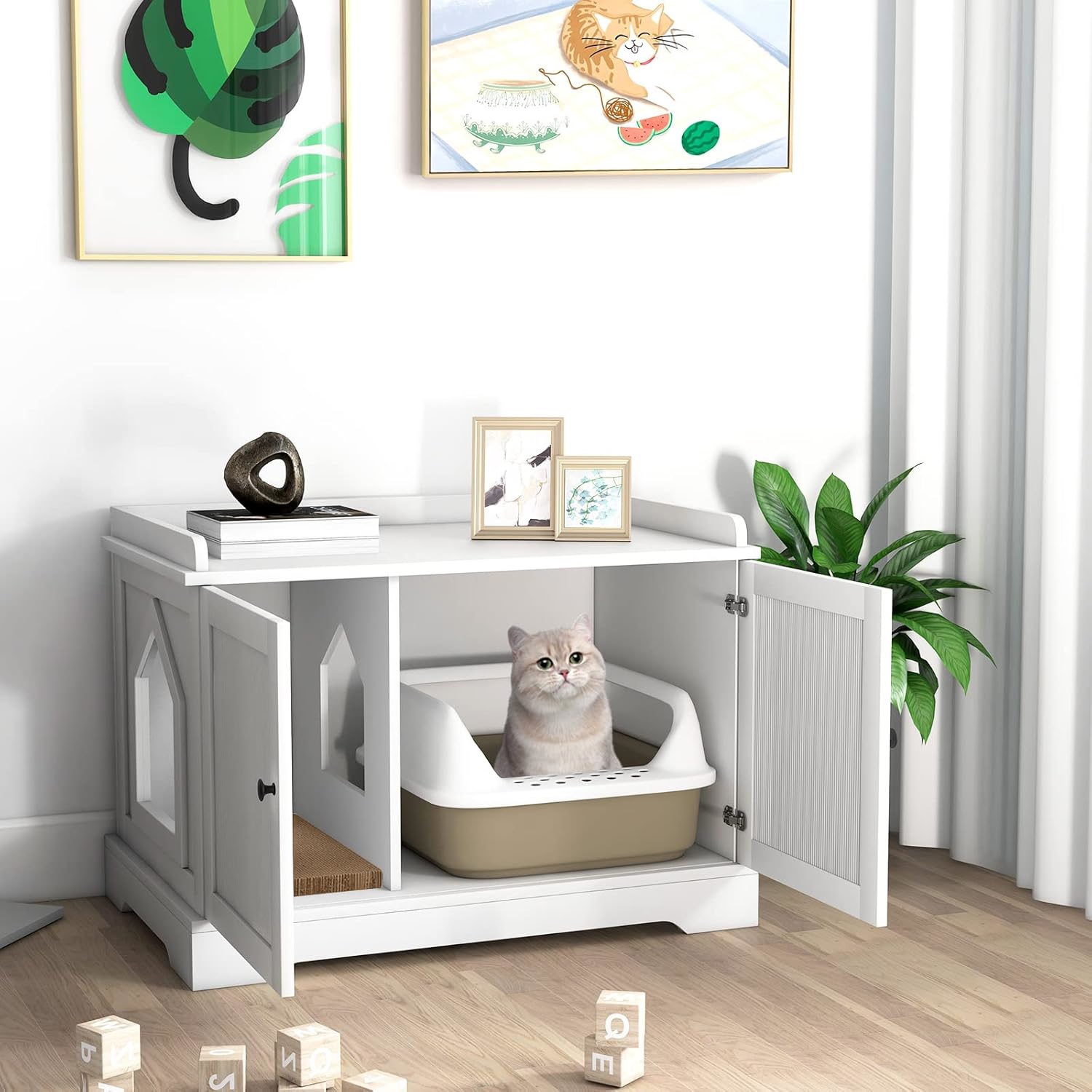 Hidden Cat Washroom, Adjustable Divider, Reversible Entrance, Pet House End Table For Indoor Cats
