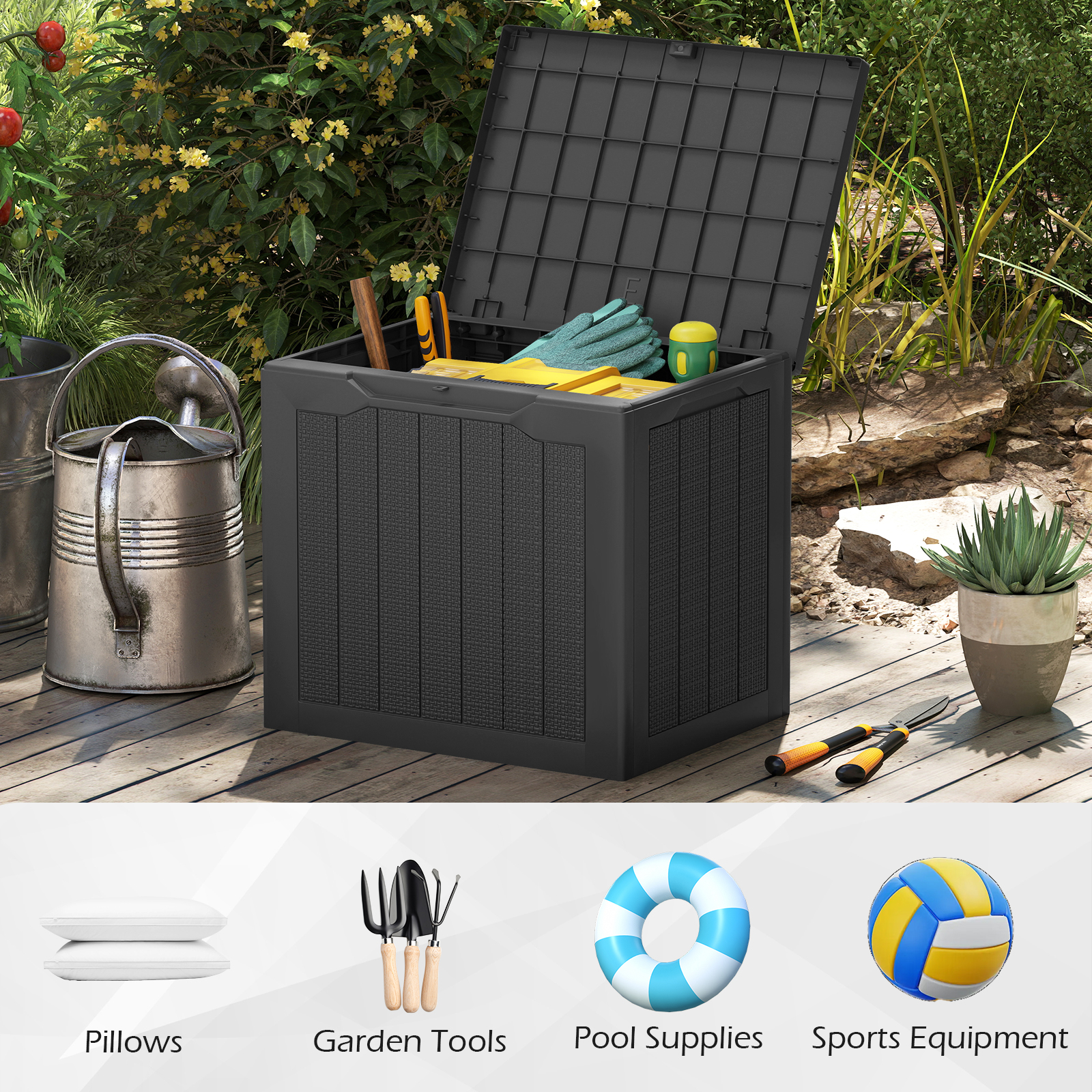 Storage Box, 96l Deck Box With Lockable Lid And Wicker-woven Texture, Small Storage Bin