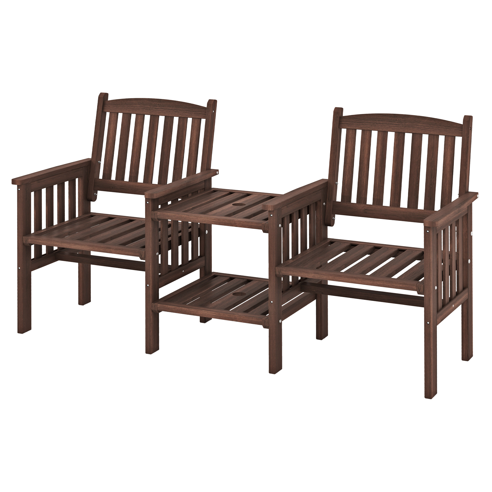 Image of Outdoor Fir Wood Loveseat With 2-tier Side Table 96" Umbrella Hole, 2-seater Patio Garden Bench With Armrests And Slatted Seats, Outdoor Table And Chairs Set For Porch, Deck And Balcony