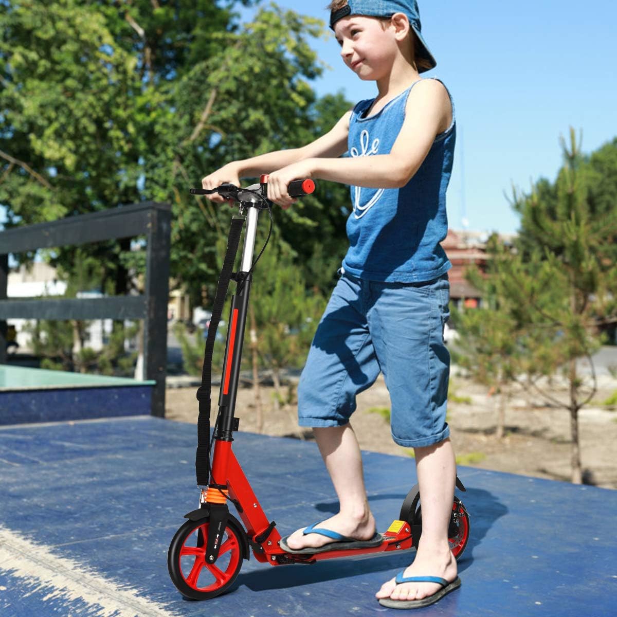 Image of Kick Scooter For Kids Ages 8+, Teens & Adults, Folding Scooter With Large 8" Pu Wheels, Adjustable Handlebar, Anti-shocking Suspension & Carry Strap, Lightweight Aluminum Alloy Scooter, Red
