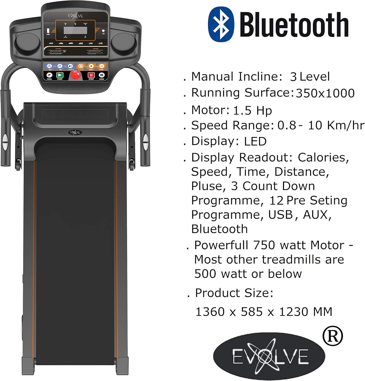 EVOLVE B1 Motorized Electric Treadmill for Home - 3 Level Manual Inclination & Foldable Running Machine with 12 Programs - Bluetooth, Speaker, USB Port, AUX - Zwift App for Smart Phone
