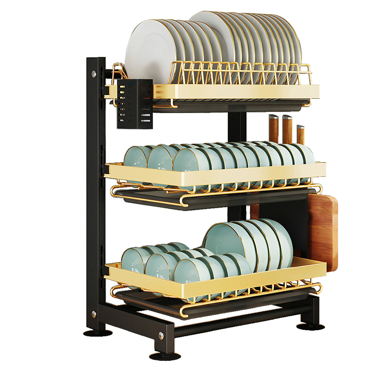 Image of ® Dish Rack, Dish Rack With Drip Tray & Utensil Holder, Dish Rack, 3-tiered Dish Drying Stand, Height-adjustable Dish Rack, Black Gold Dish Grid