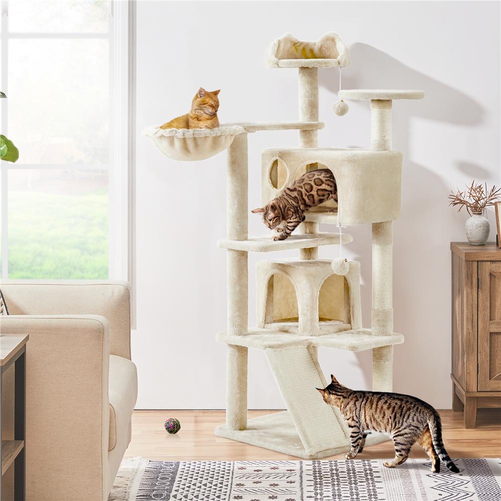   cat tree with sisal scratching post hut basket hanging ball padded platforms and ramp for small to medium sized cats height 146 cm