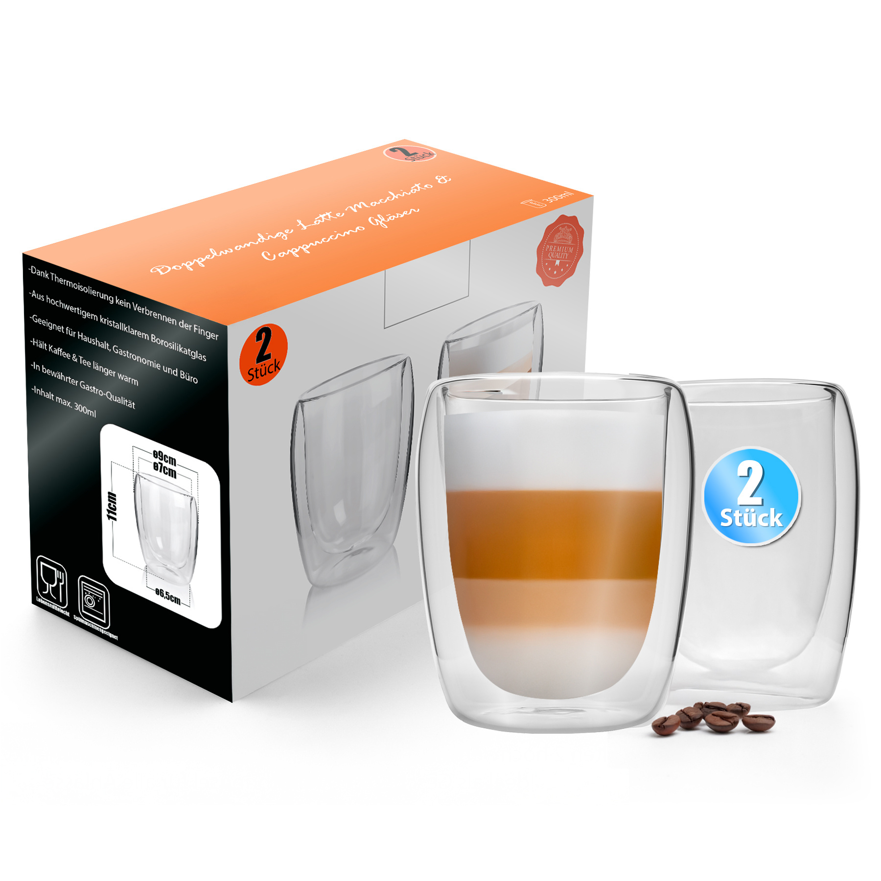Bigdean 2pcs Double-walled Glasses 300 Ml - Coffee Glasses In Gift Packaging