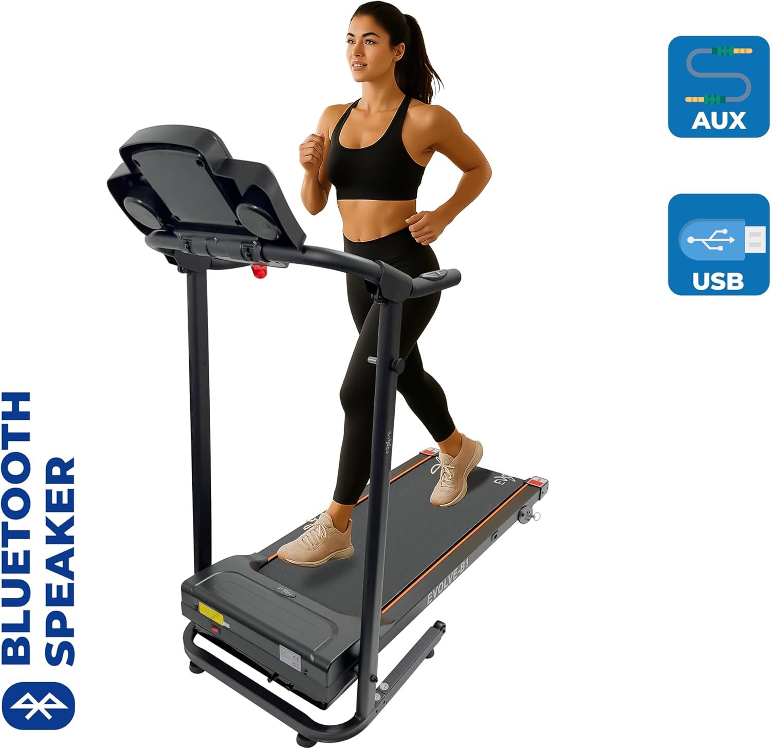 EVOLVE B1 Motorized Electric Treadmill for Home - 3 Level Manual Inclination & Foldable Running Machine with 12 Programs - Bluetooth, Speaker, USB Port, AUX - Zwift App for Smart Phone