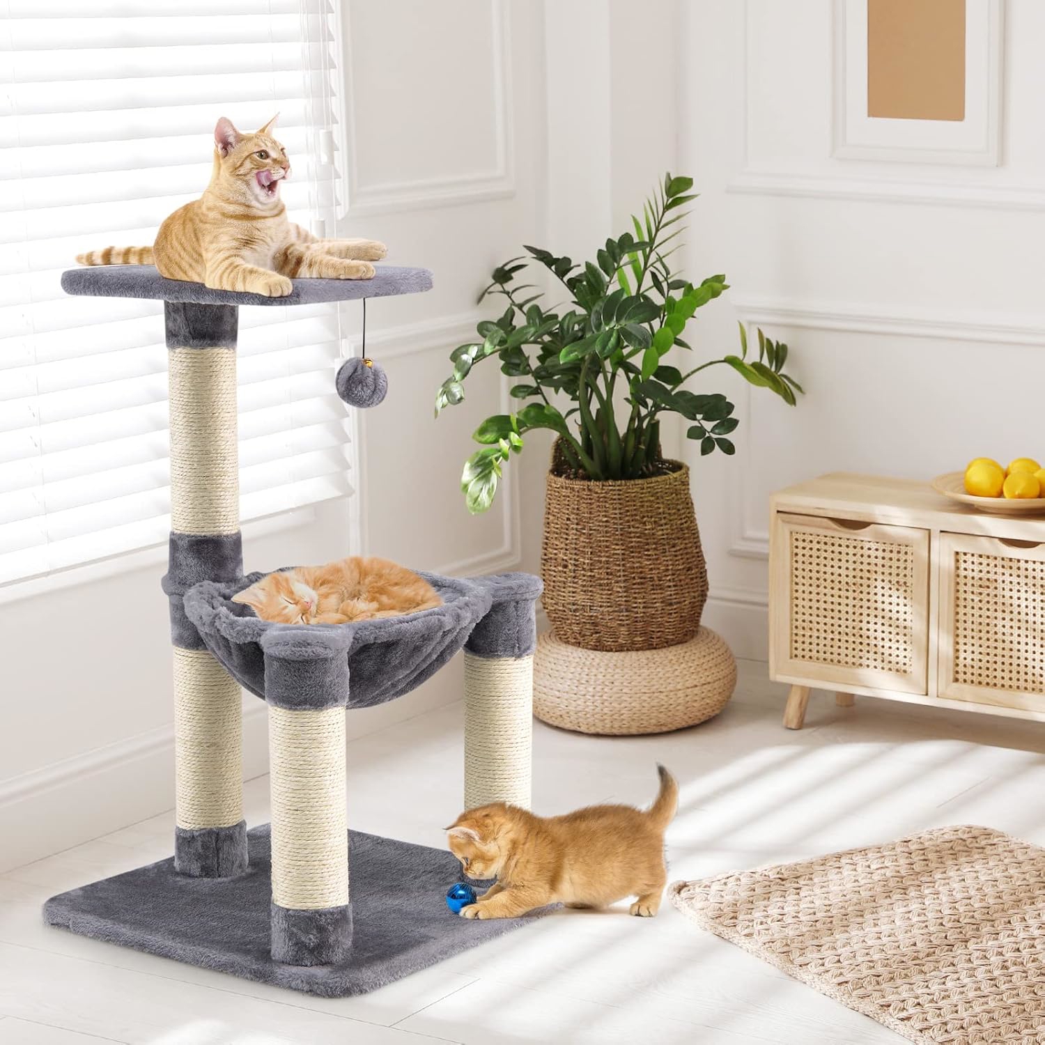 Image of Cat Tree Tower, Removable Cozy Hammock, Hanging , Natural Sisal Wrapped Scratching Posts