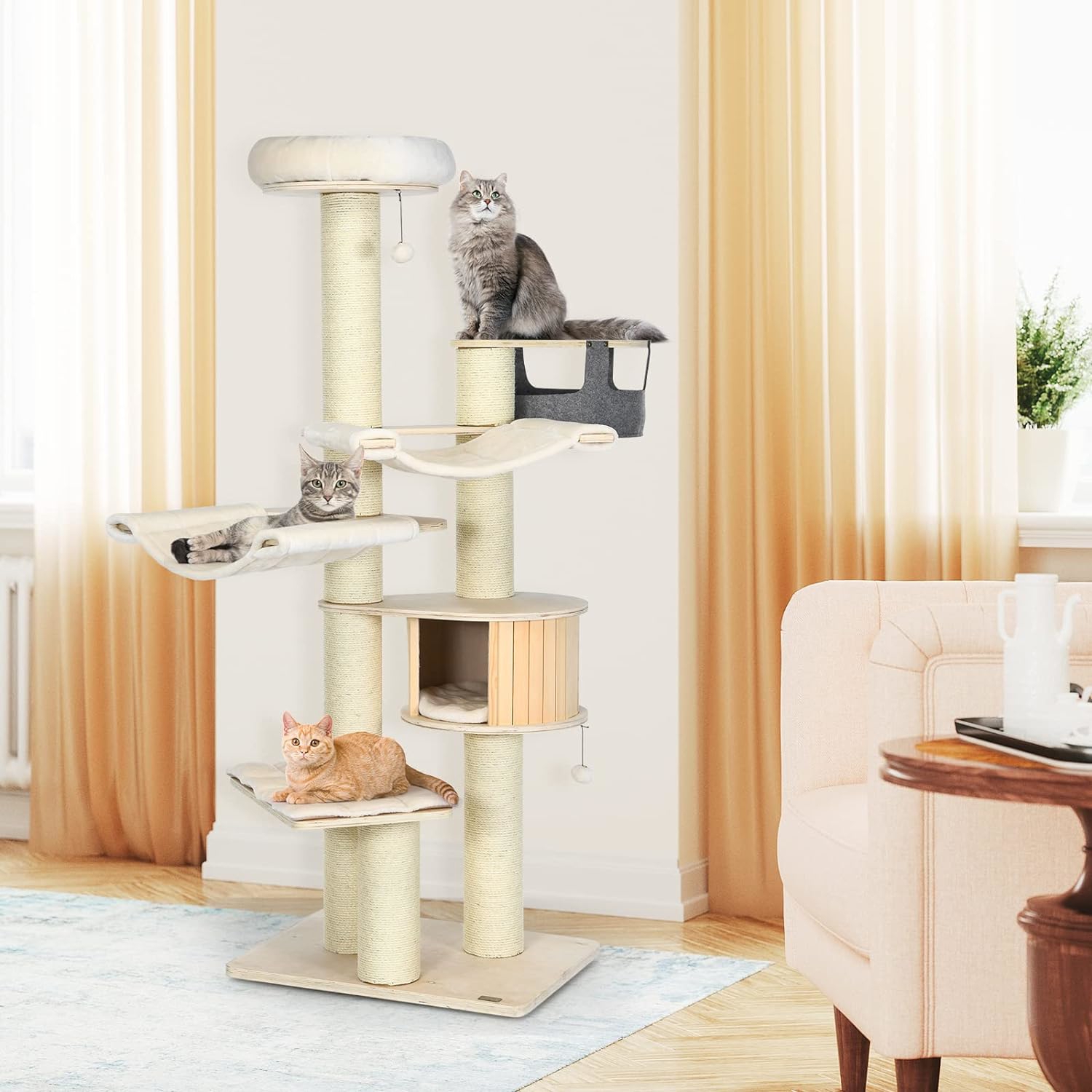 Multilayer Wooden Cat Tree, Cat Climbing Activity Center With Hanging Basket And Plush Toys, Hammocks, Tall Perch
