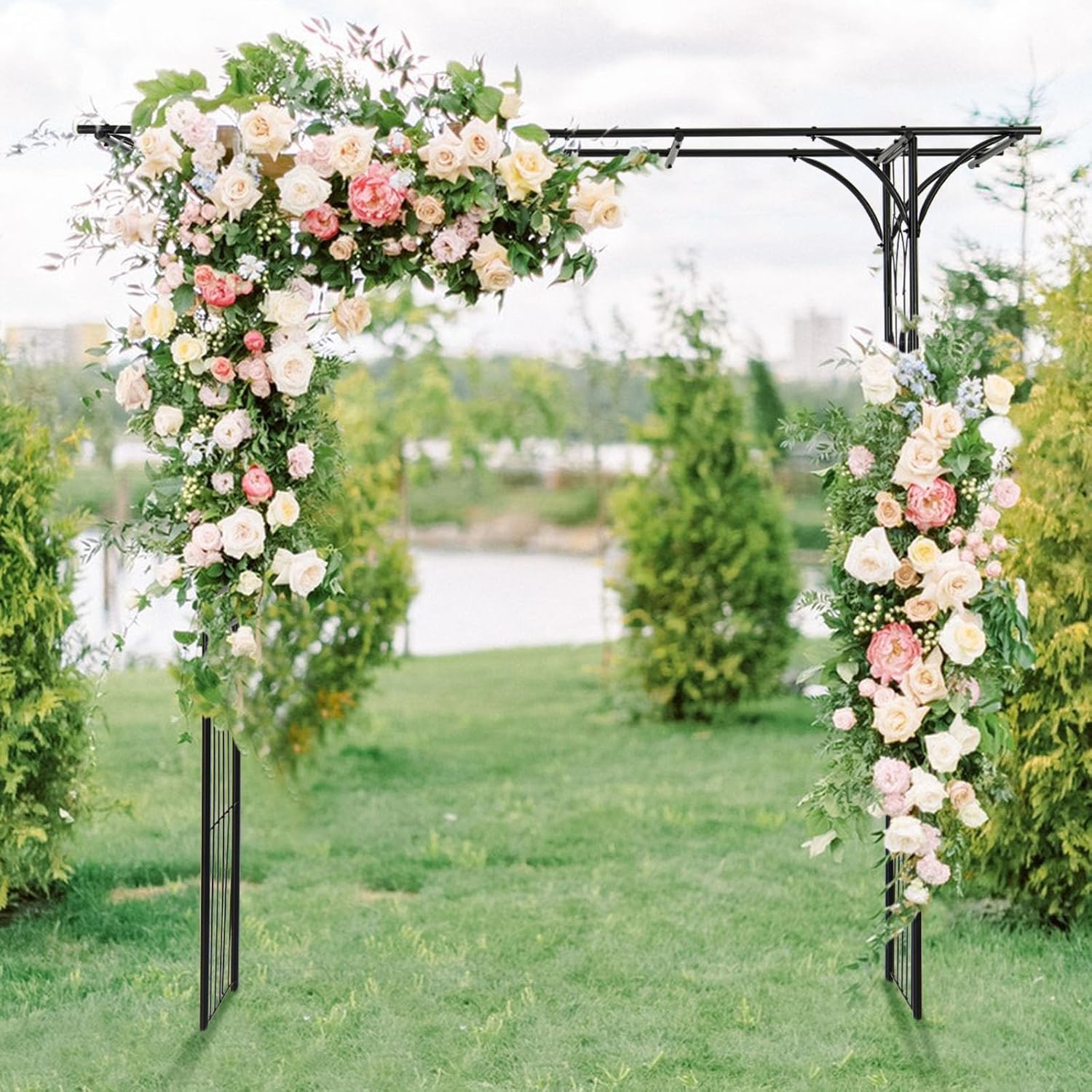 Image of Metal Garden Arch, Garden With Decorative Wire Trellis, Outdoor Pergola Trellis For Climbing Plants, Vines