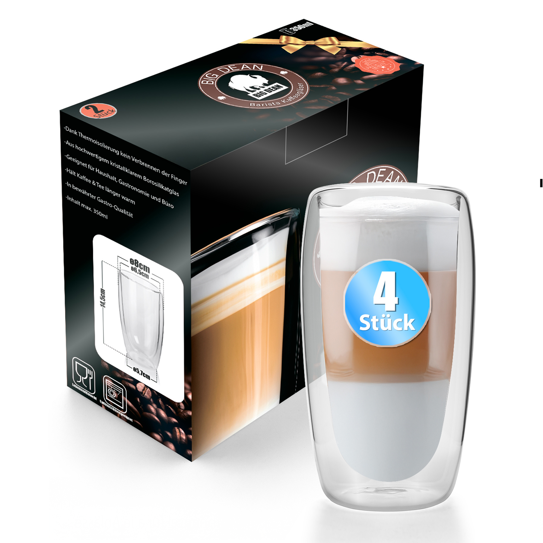 TEMU BigDean 4 Stück hohe doppelwandige Gläser 350 ml aus Borosilikatglas – Kaffeegläser in Geschenkverpackung