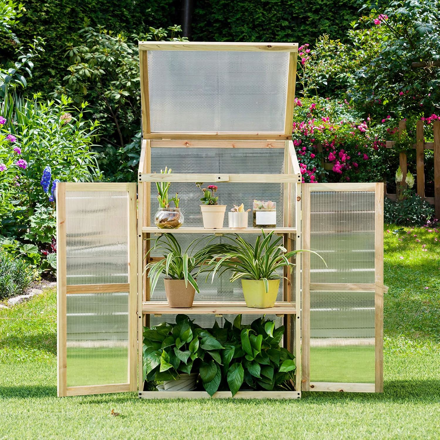 Solid Wood Cold Frame, Translucent Greenhouse, Made Of Polycarbonate Glass, For Garden And Balcony