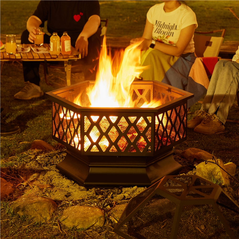 TEMU Costoffs Metal Fire Pit, Hexagon Shaped Fireplace, Outdoor Fire Pit, Metal Brazier With Cover, Heavy Duty Fire Pit With Mesh Sides Cover Steel