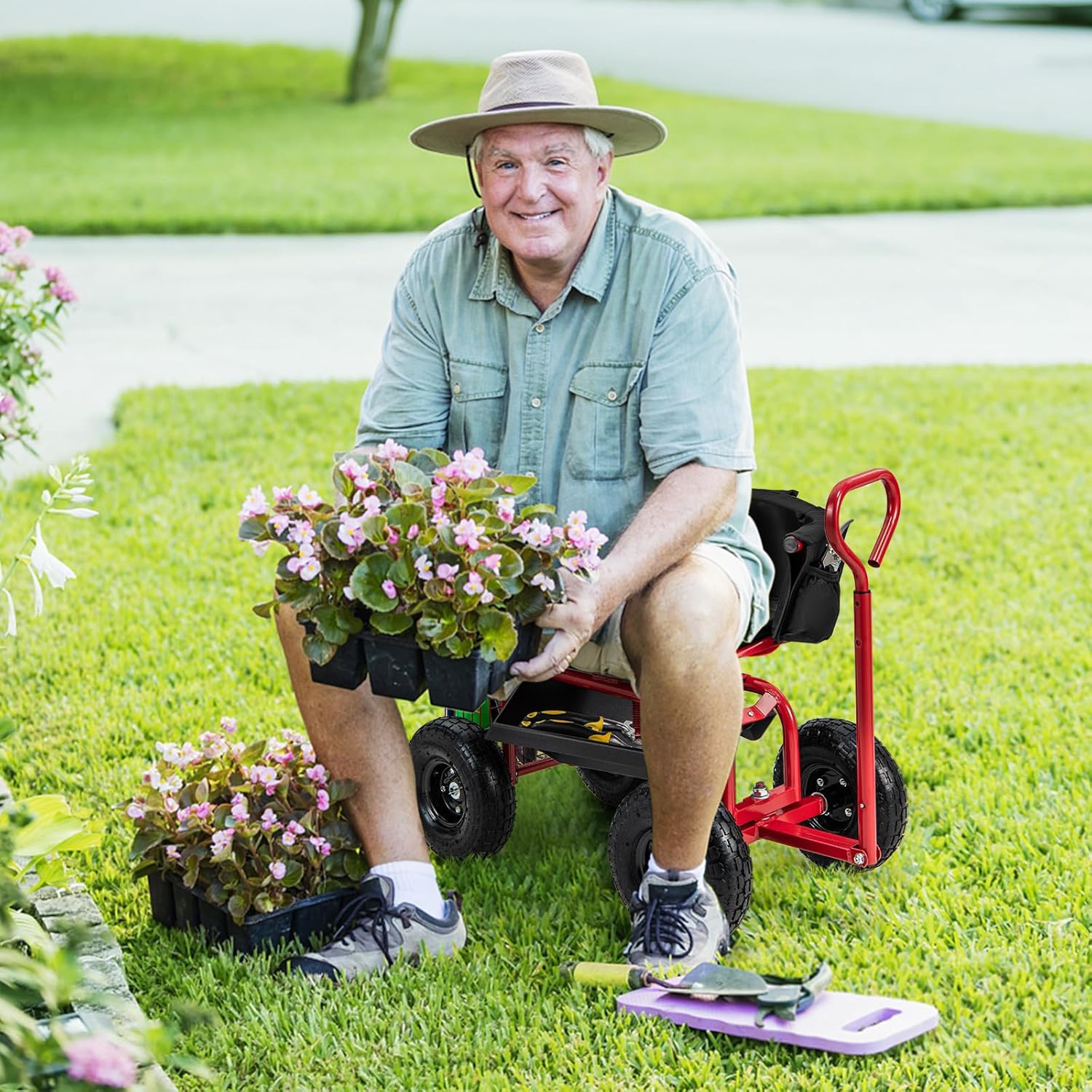 Garden Cart Rolling Scooter, Storage Basket, Backrest, Extendable Handle, Storage Tray, Seating Cushion