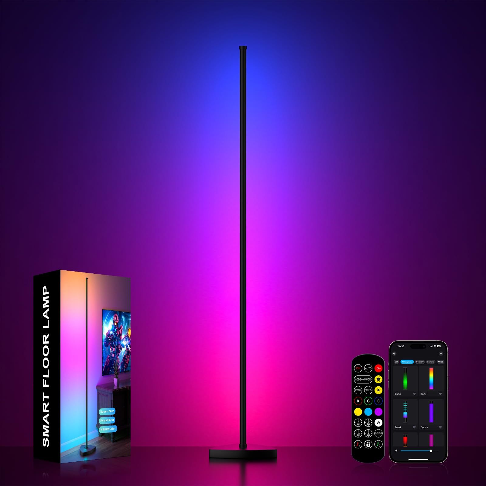 E-shop LED Stehlampe Wohnzimmer, 146 cm dimmbare Stehlampe mit Fernbedienung und App-Steuerung, 16 Millionen DIY-Farben, Musik-Sync, Warmweißes