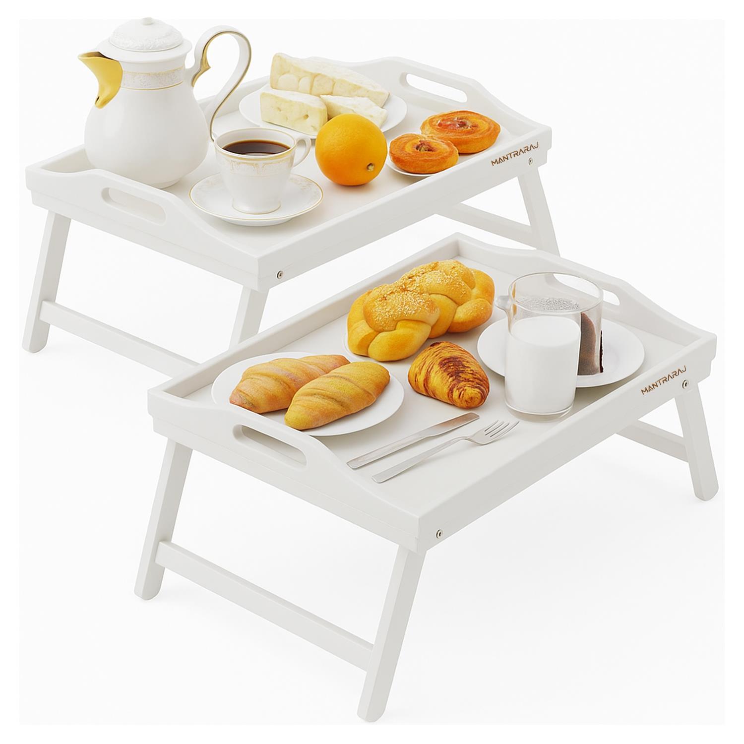 TEMU Bamboo Bed Tray Table Pack Of 2 With Foldable Legs & Handles Breakfast Tray For Sofa, Bed, Eating, Platters, Working, Serving, Laptop Stand