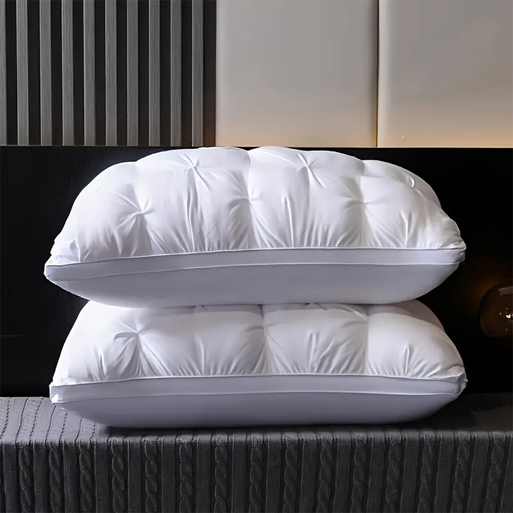 2pcs Neck & Spine Support Pillows for Relaxing Sleep | Breathable Moisture-Wicking 100% Polyester, Contemporary Elegant White Pleated Bed Pillows for Home & Hotel Use, 74*48cm, High Bounce Back 800g Fillings