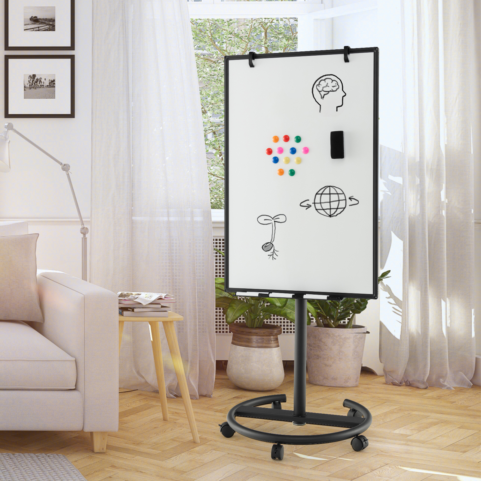 Mobile Whiteboard, 40" X 26" Height-adjustable Dry Erase Board On Wheels, Magnetic Whiteboard With Round Stable Stand