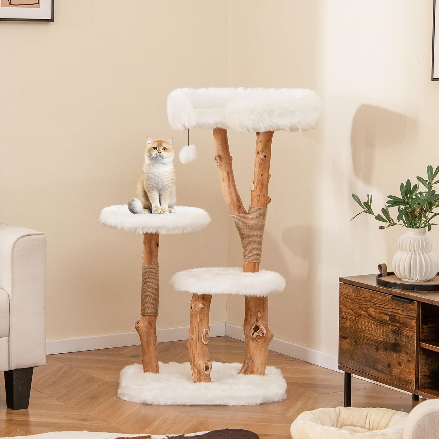 Image of Wooden Cat Tower, 4 Tier Cat Tree With 2 Round Jumping Platforms And Wide Top Perch, Scratching Posts, Solid Pear Wood Post
