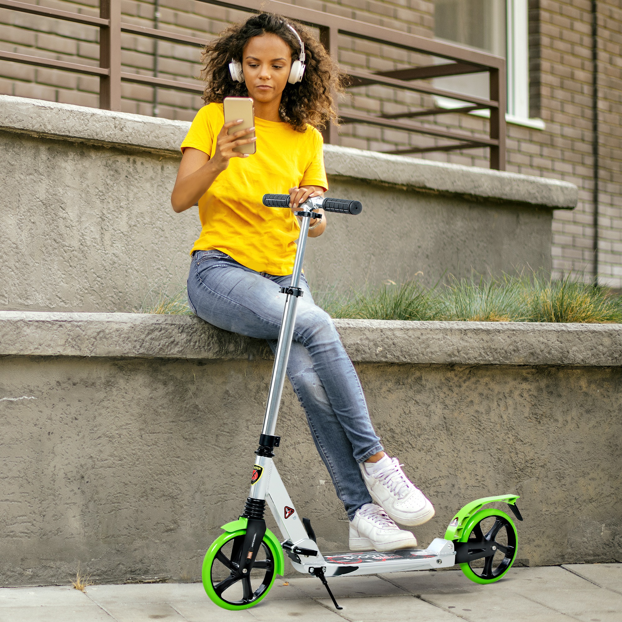 TEMU Folding Kick Scooter, Adjustable Ride On Scooter With 200mm And Absorption, For 14+ Teens Adult, Green
