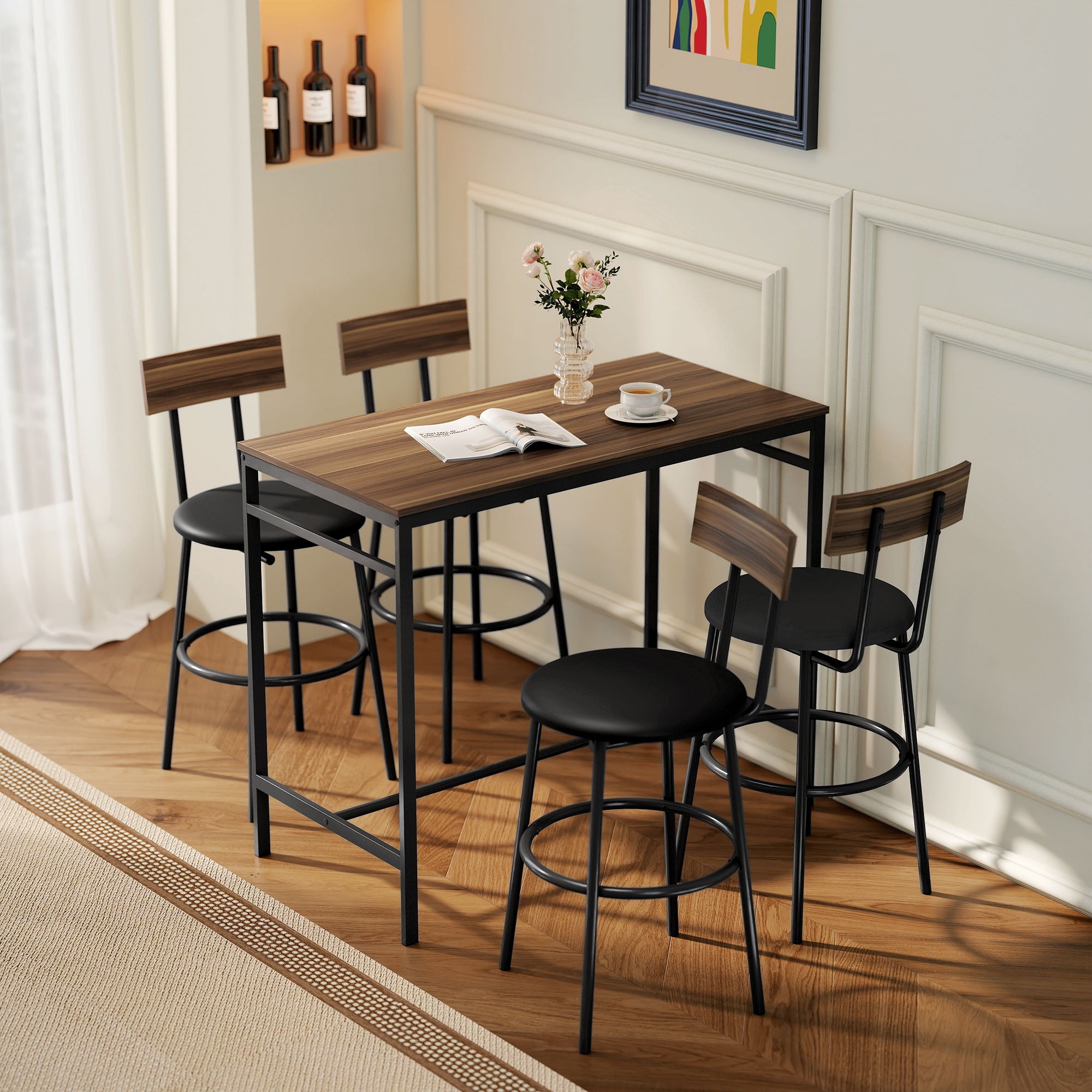 Bar Table With Bar Stool Set, Dining Table With 4 Chairs With Footrest, Backrest, And Cushioning, Space- Industrial Steel Kitchen Table For Dining Room, Brown