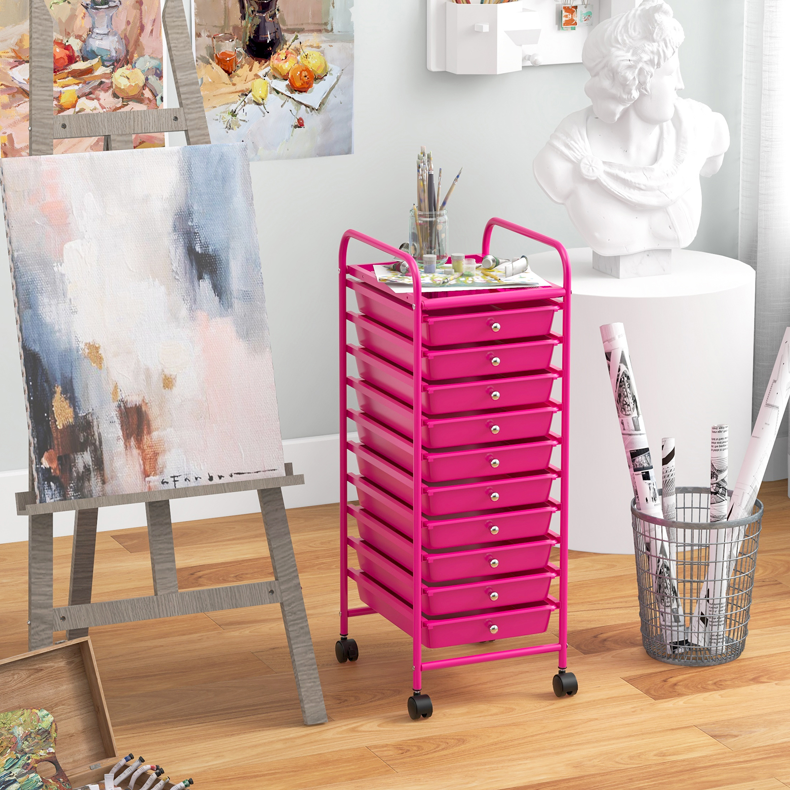 10 Tier Rolling Storage Drawer Cart, Space Drawer Storage Cart With Locker System And 4 Wheels
