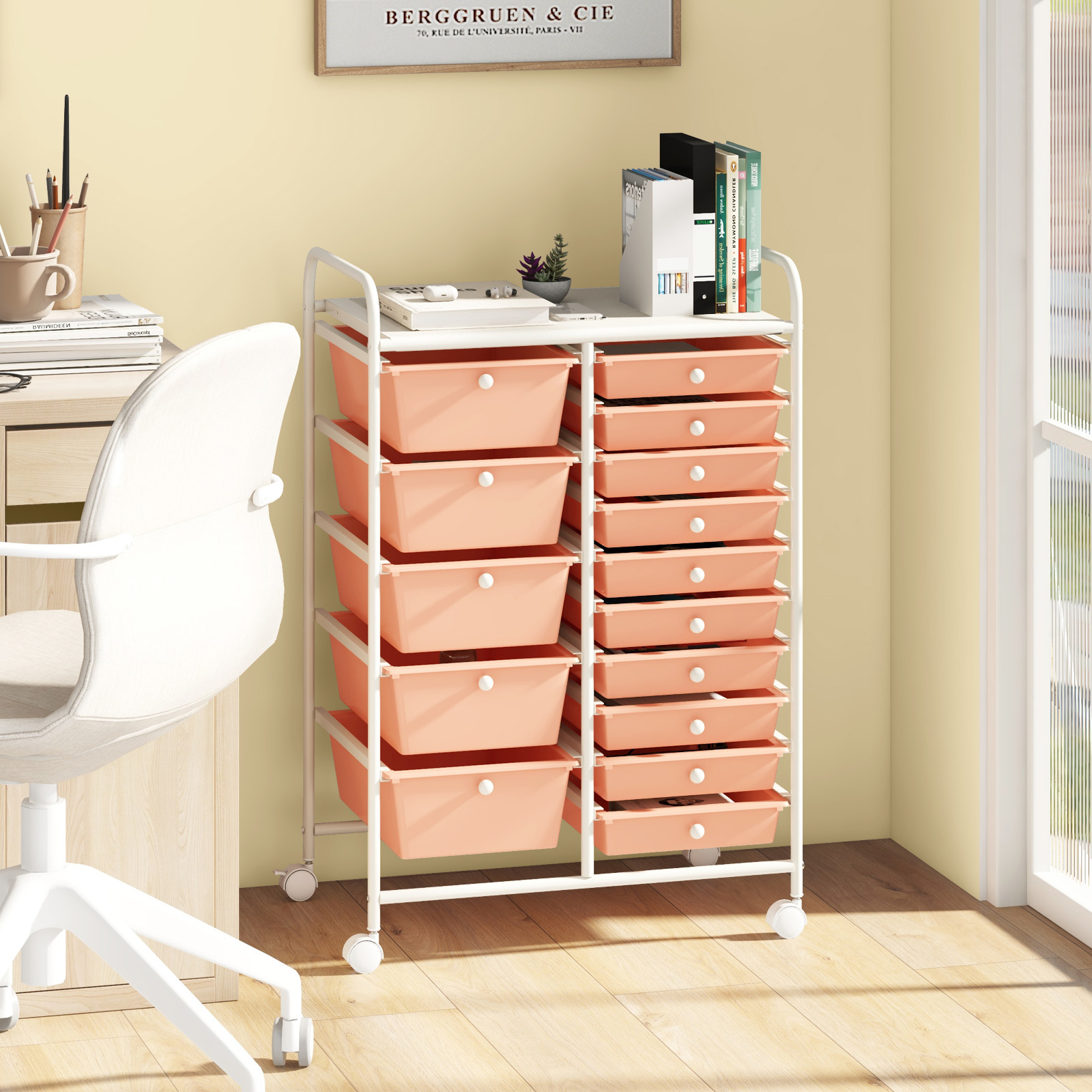 15 Drawer Rolling Storage Cart, Mobile Utility Cart With Heavy-duty Metal Frame And Lockable Wheels