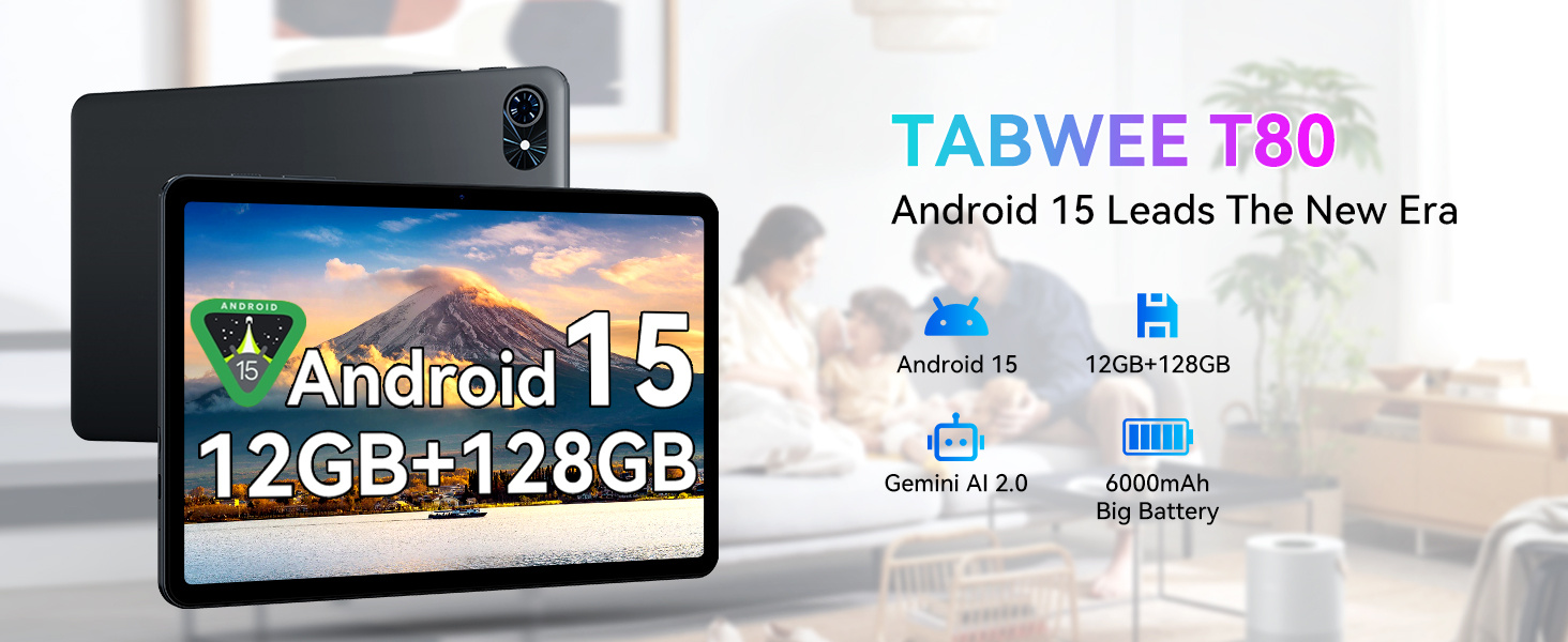 TABWEE T80 Android 15 Tablet with Keyboard - 12 (4+8) GB RAM + 128GB ROM (2TB TF), 10-Inch Tablet, 6000mAh, 5MP + 2MP, Gemini AI, 5G WiFi, GPS, Face ID