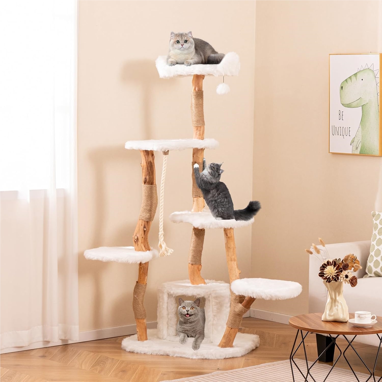 Wooden Cat Tower, 66inch Tall Cat Tree With Jute Scratching Posts And Sisal Rope, Private Condo, Solid Pear Wood Post