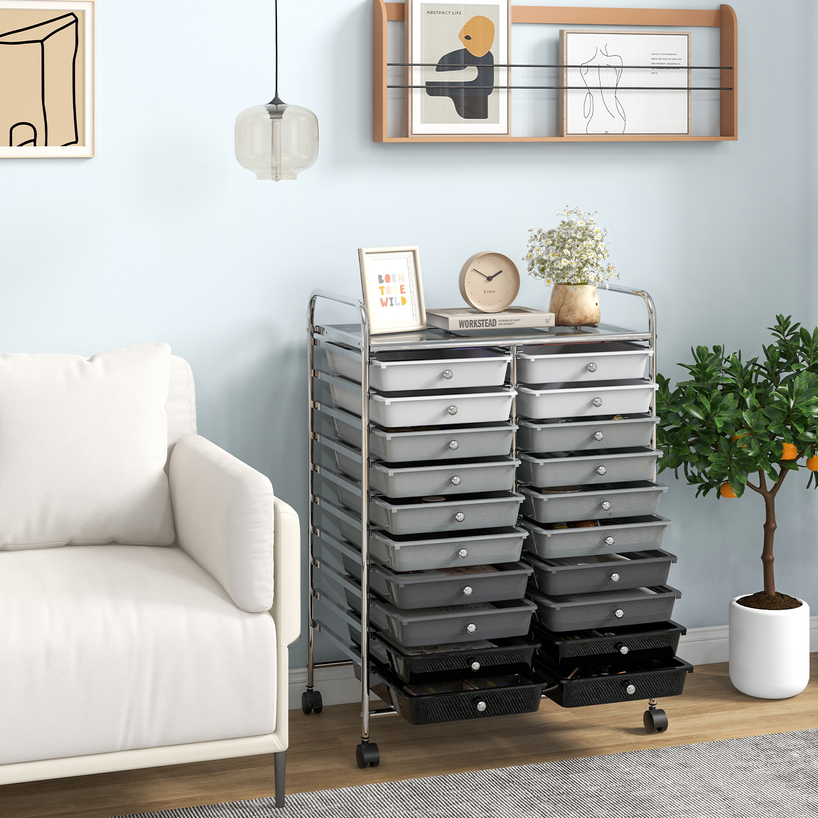 Image of 20 Drawer Rolling Storage Cart, Multicolored Utility Cart With Removable Drawers And Metal Frame, Mobile Art Craft Drawer Cart