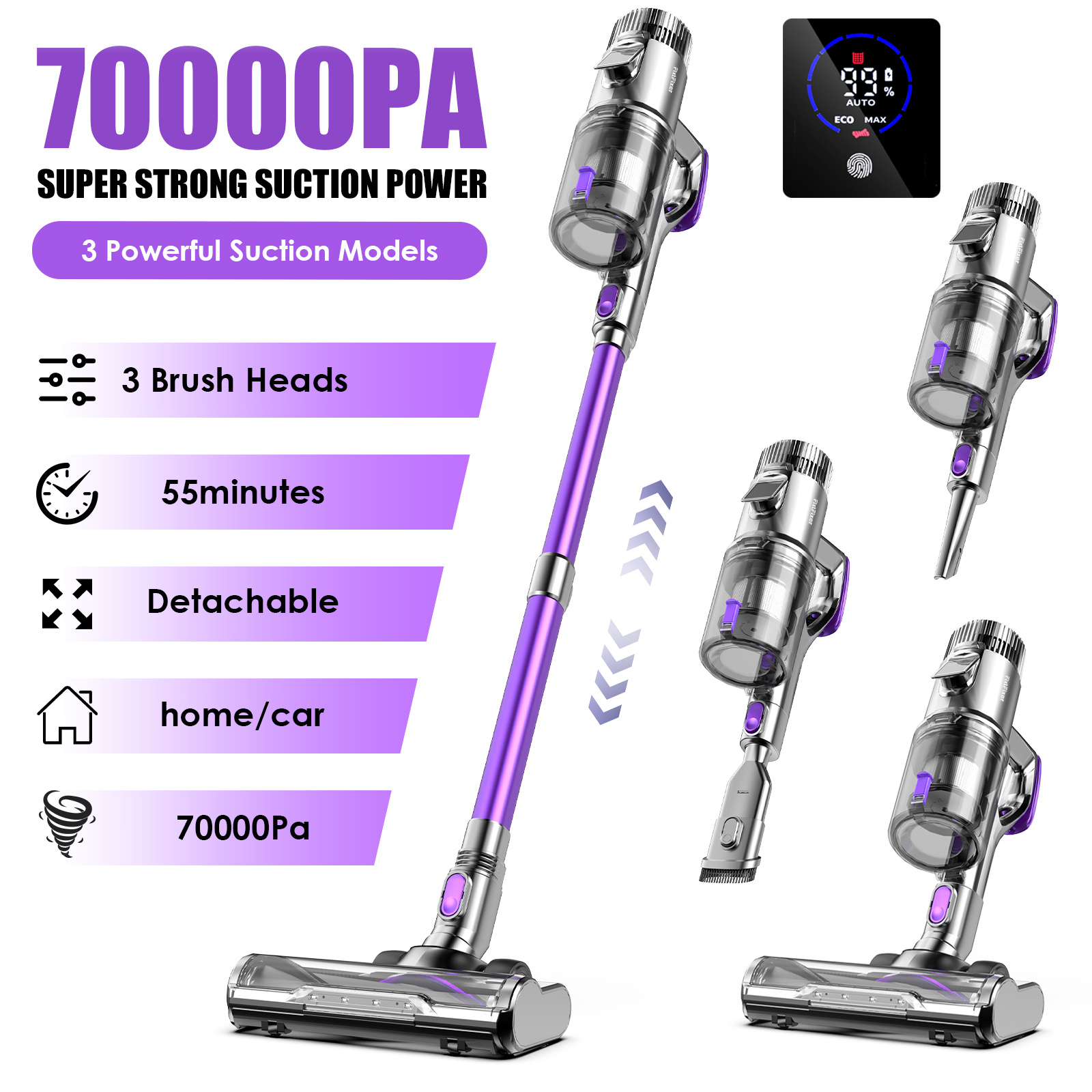70kpa lightweight stick cordless vacuum cleaner, 65   , led   display, 8*2200mah battery, hepa*3,   lightweight cordless vacuum cleaner, anti-tangling roller design, suitable for pet hair carpet hardwood floors 0