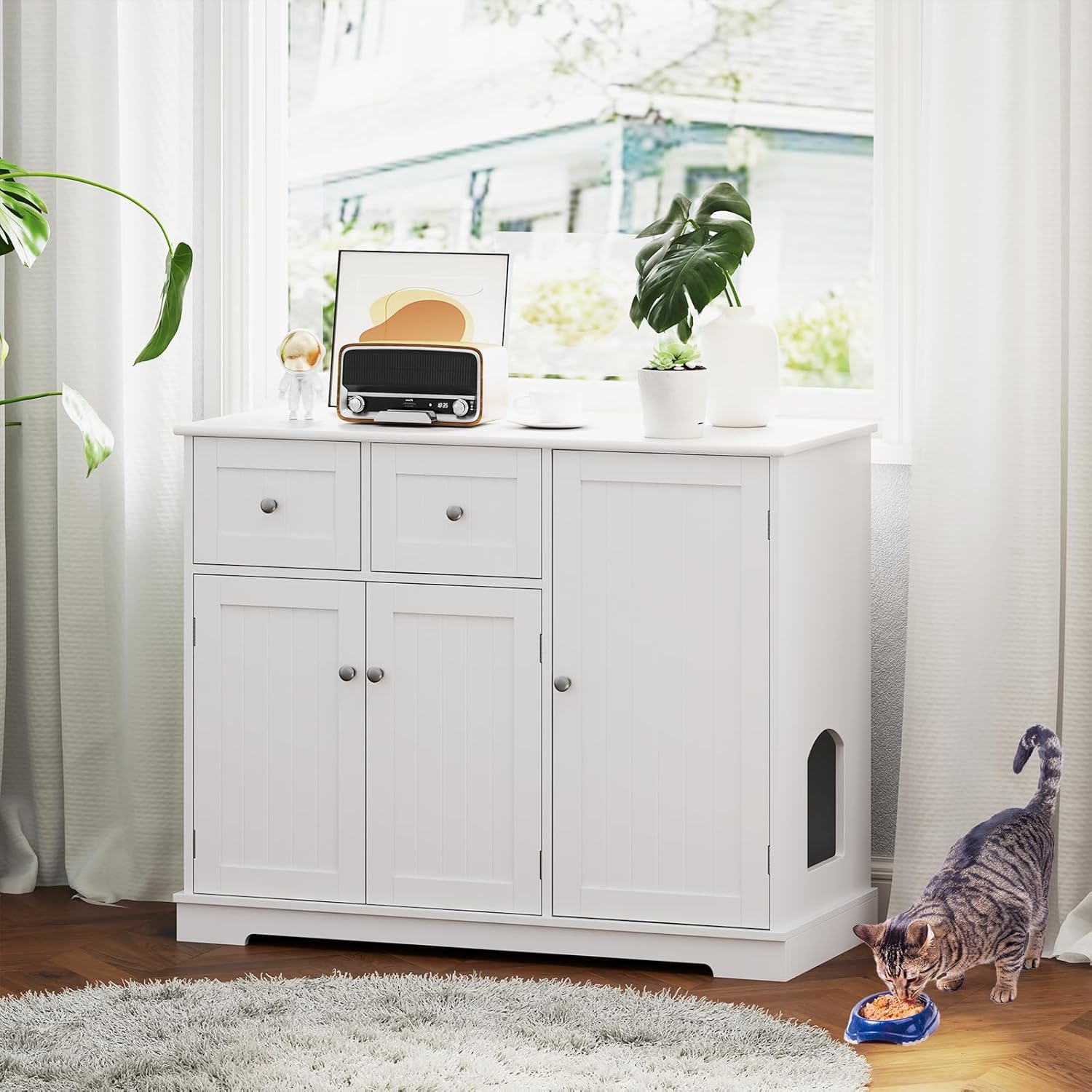 Image of Cat Litter Box Enclosure, Hidden Cat Washroom Furniture With 2 Storage Drawers, Decorative Pet House End Table