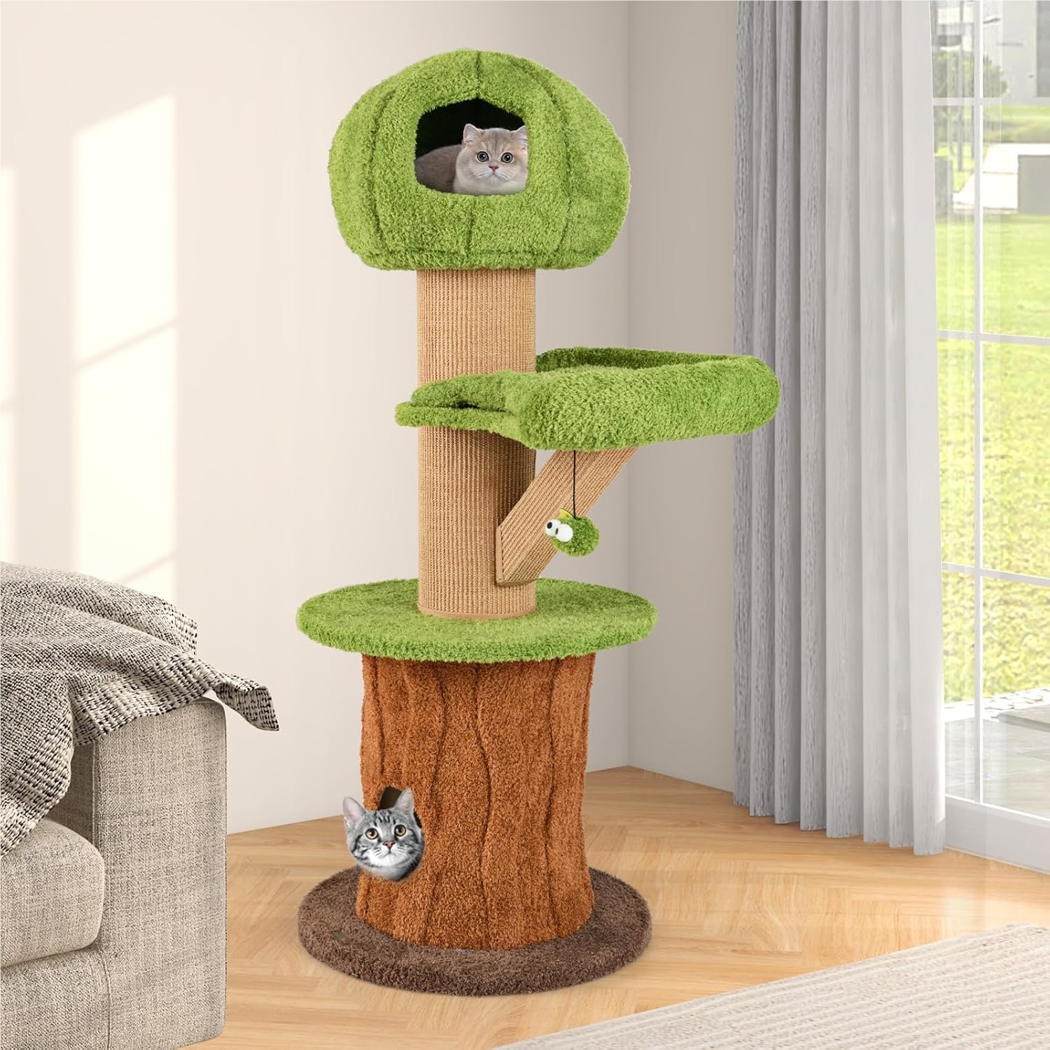 48inch Tall Cat Tower, Mushroom Shaped Cat Tree With 2 Adorable Condos, Plush Perch, Sisal Posts