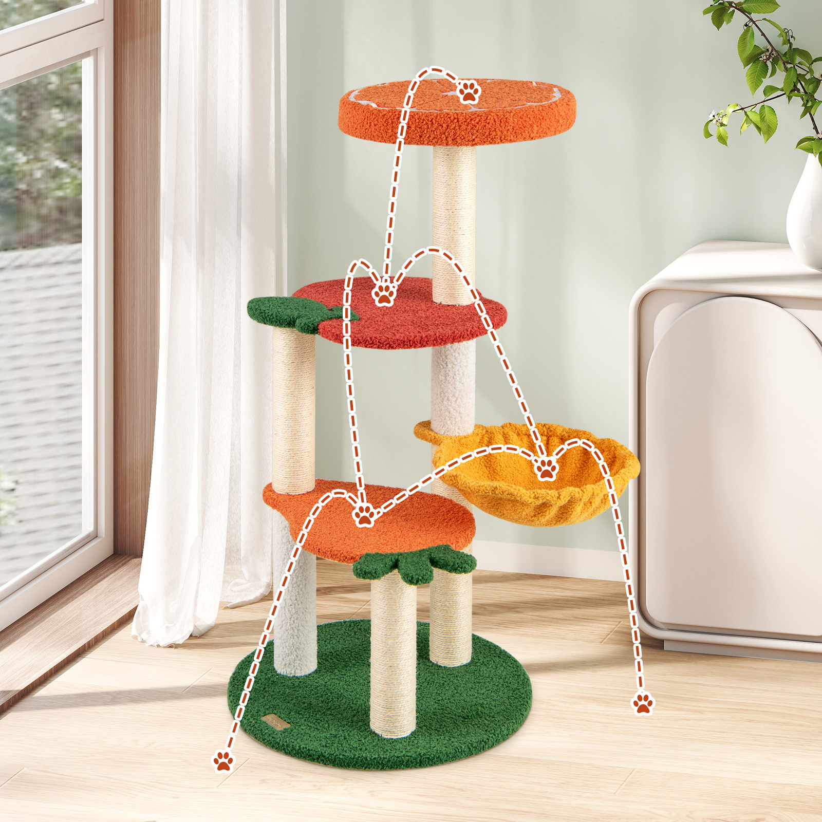 Multi-level Cat Tree, Cute Cat Tower With Fruit-shaped Platforms, Soft Padded Orange Perch, Sisal Scratching Posts