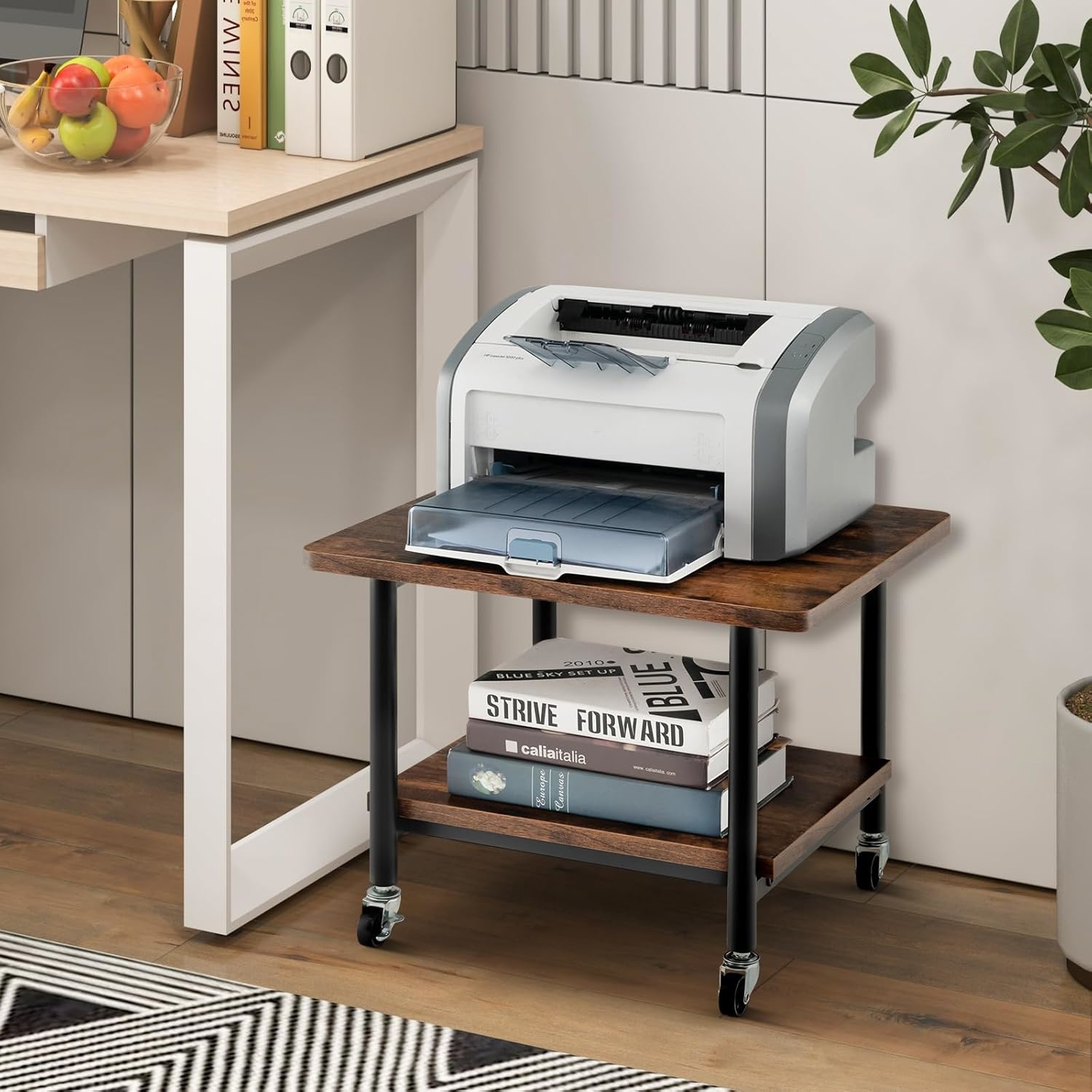 Image of Printer Stand With Storage, Printer Table With 4 Wheels And Locking Mechanism, 2-rack Storage Stand On Rollers