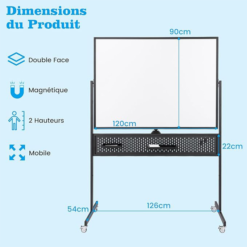 Rolling Dry Erase Board, 120 X 90 Cm Large Magnetic Whiteboard With Stand, 4 Accessories, Pegboard And 2-level Height