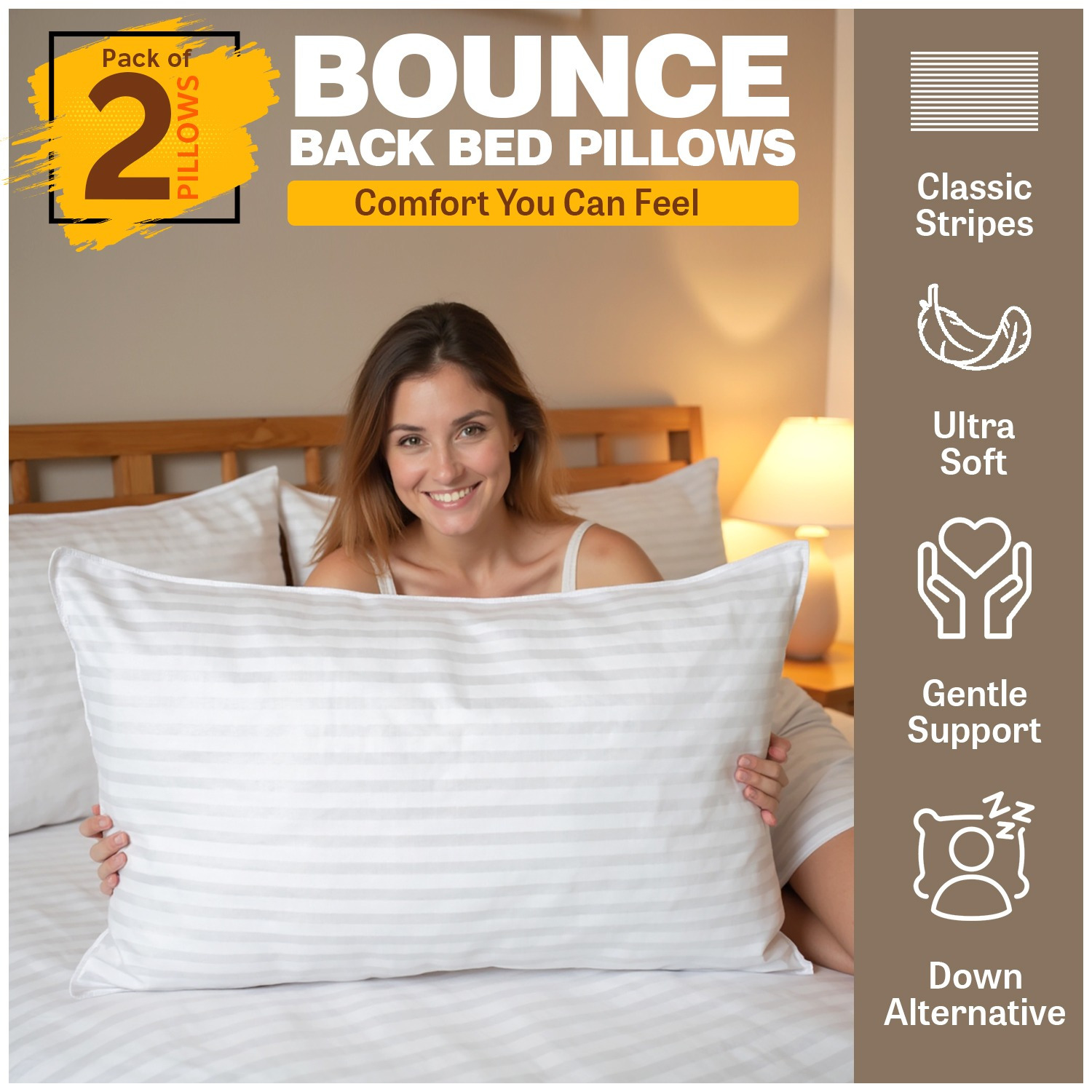 Stripe Pillows Hotel Quality 2 Pack Bed Pillows | Extra Filled for Plush Comfort with Quick Rebound Bounce Back Support | Long-Lasting Shape Retention | LOCAL WAREHOUSE | UK BRAND