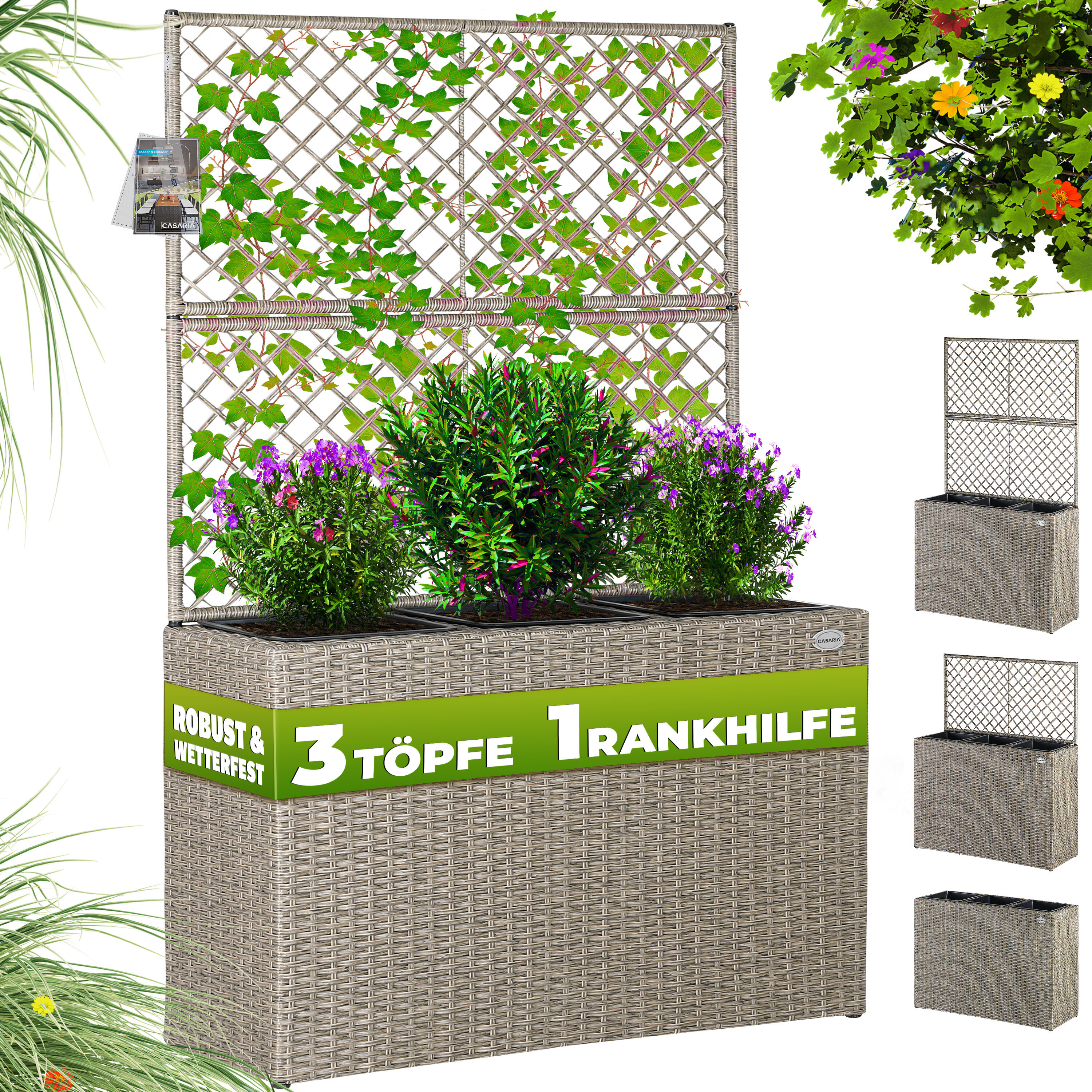 Image of Casaria® Flower Box Trellis With 3 Inner Pots, Poly Rattan Weave Plant Support, Flower Pot With Rattan Look, Planter Box, Black