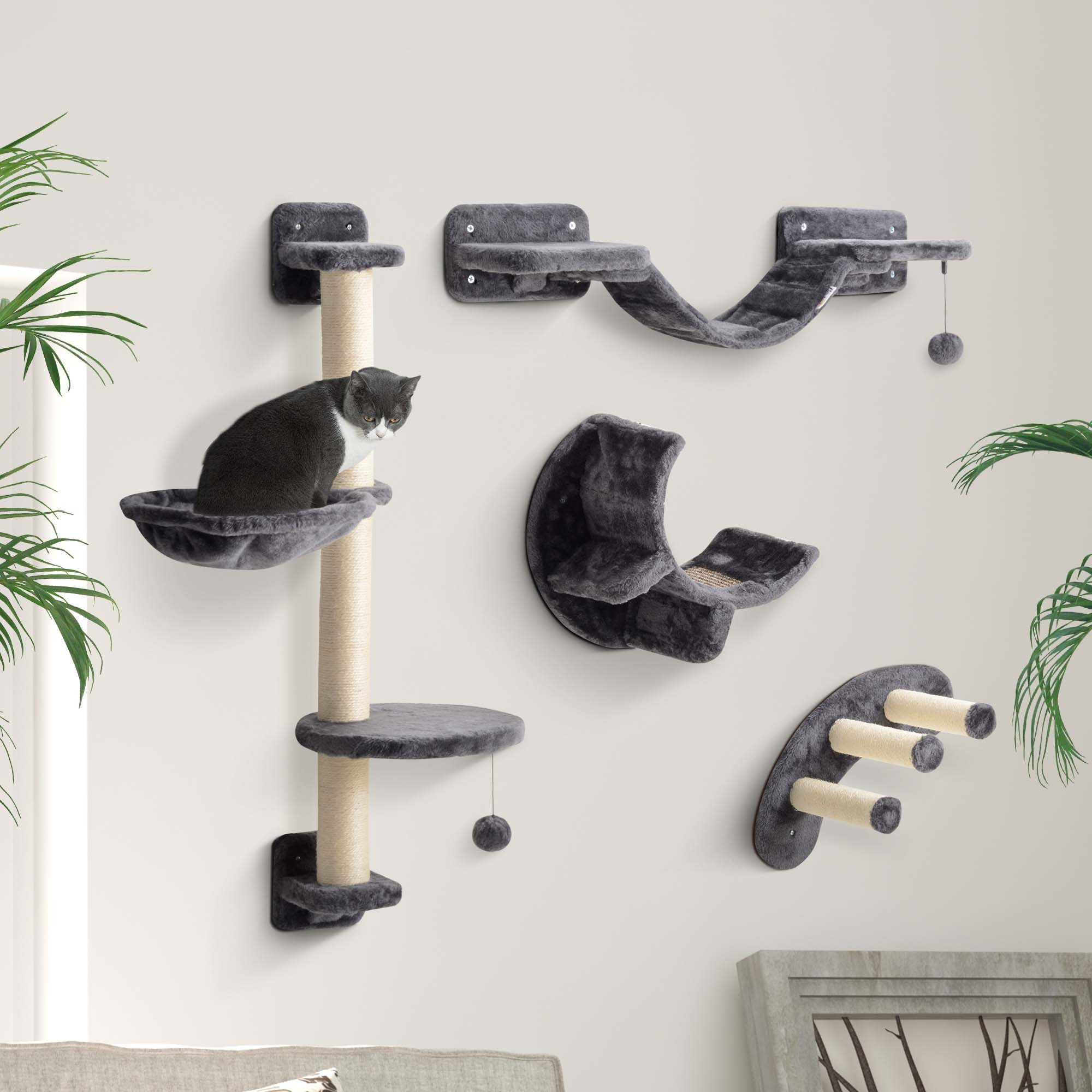 Image of Climbing Wall Cats, 4-part Cat Wall Elements With Hammock, Cat Bridge, Platforms, Hanging Ball, Scratching Post, Cat Wall Furniture Set For Climbing Playing Sleeping Up To 5 Kg Dark Grey