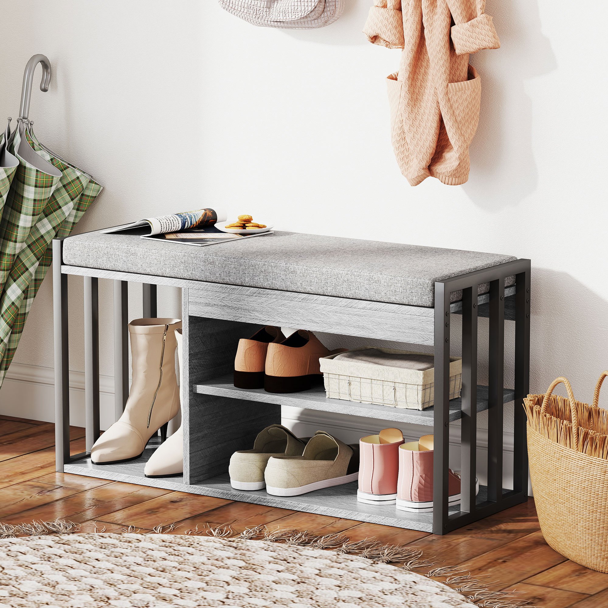 Shoe Bench With Upholstered Seat And Storage, 3 Compartments, Hallway Bench For Living Room, Hallway, 86 X 30 X 45.4 Cm, Grey