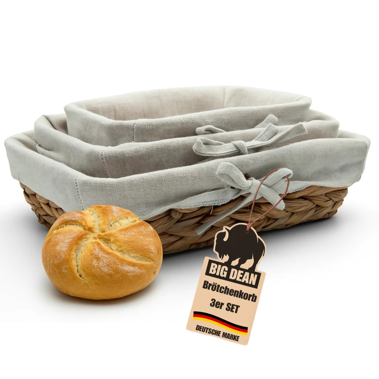E-shop BigDean 3er Set Brötchenkorb Brotkorbchen modern geflochten aus Seegras mit Leinentuch