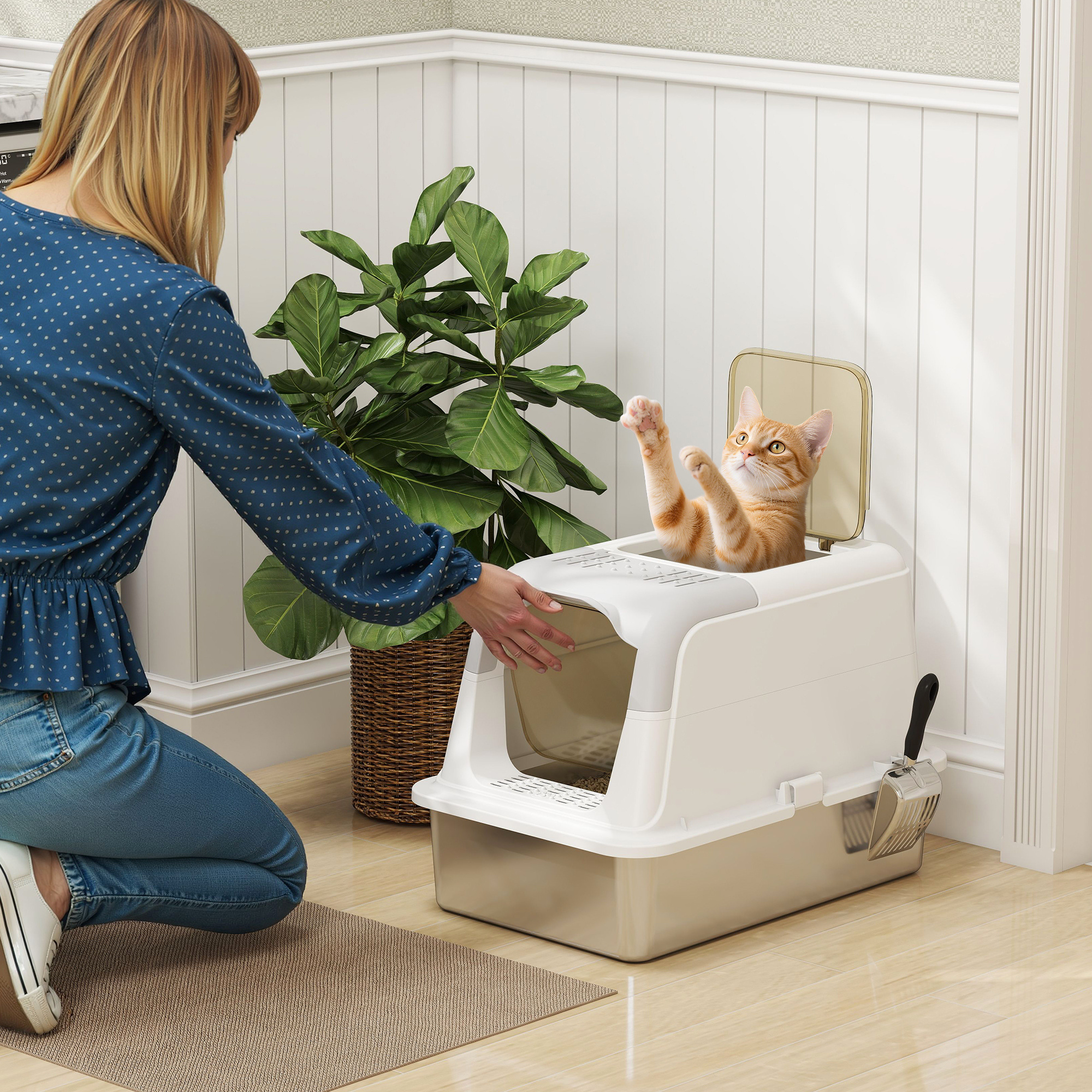 Stainless Steel Cat Litter Box With Lid Cat Toilet With Hood Scoop Deodorizing Bag Cat Toilet For Cats Kg 60.4 X 40.4 X 41.8 Cm White