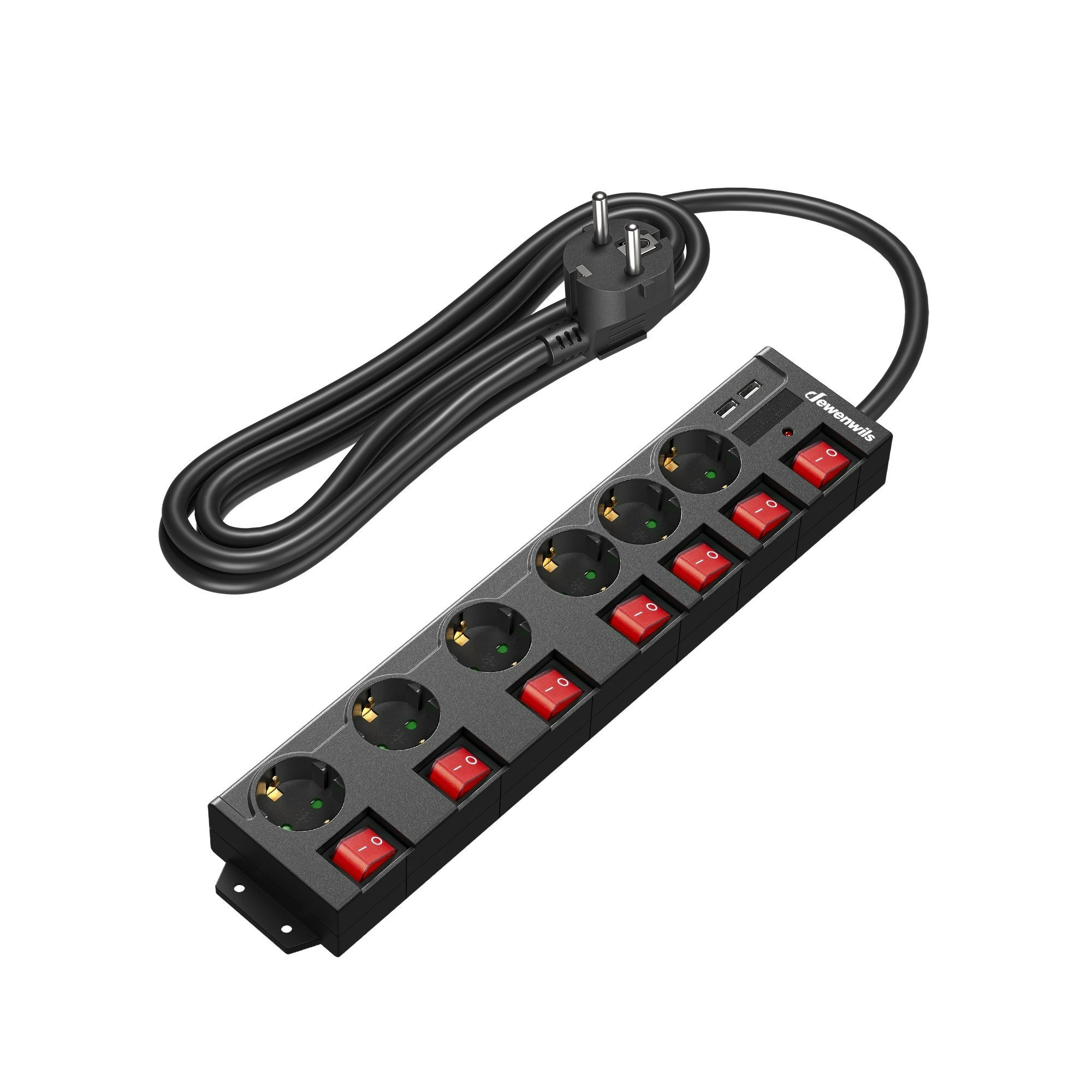Individual Switchable Socket Strip With Usb, Socket Strip With Switch, Multi-socket With Protection, Child Safety Lock, 90° Rotated, , Black