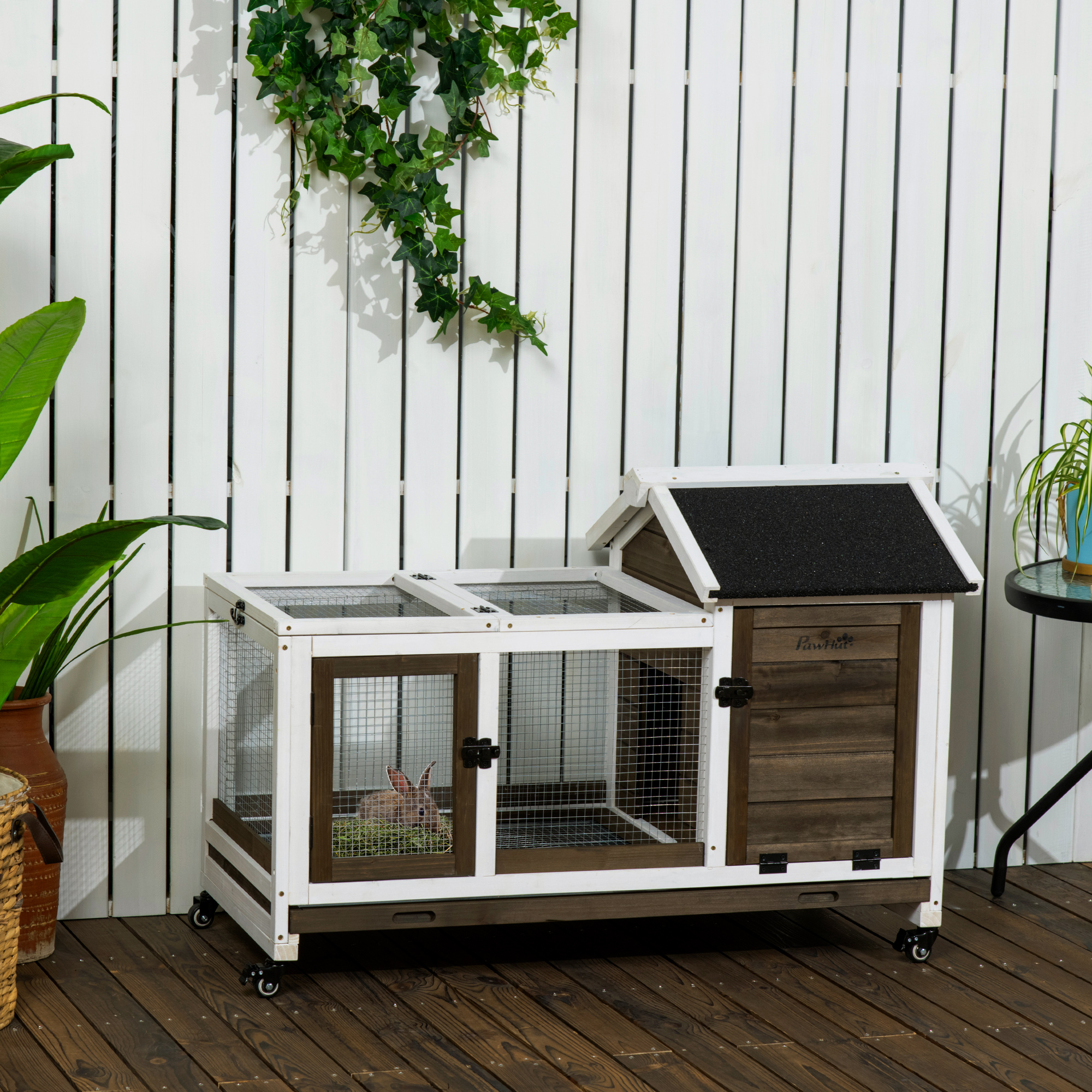 Dwarf Rabbit Hutch Made Of Wood, 108 X 58 X 73.5 Cm Small Animal Enclosure With Outdoor Run, Wheels, Folding Roof, Dwarf Rabbit Cage With Pull-out Tray For Indoor, Outdoor, Coffee.