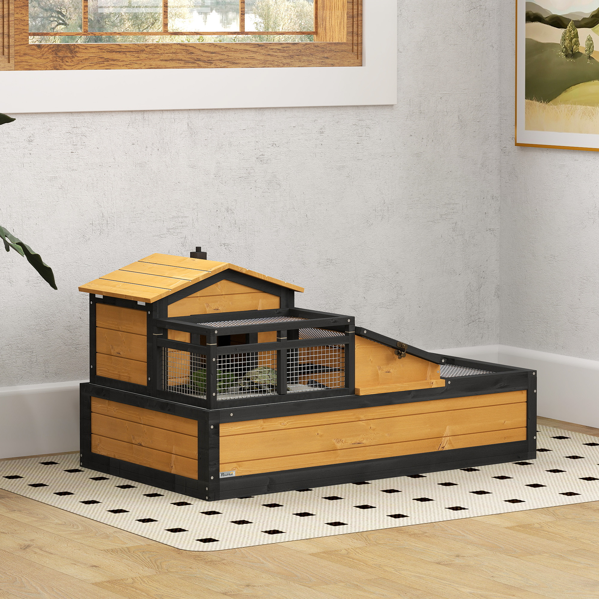 Image of Wooden , Turtle Enclosure With Main Houses, Openable Top Side, , Balcony, 2 Floors, Ladder, Reptile Cage For Small Animals For Indoor And Outdoor Use, 112x65x60 Cm, Yellow.