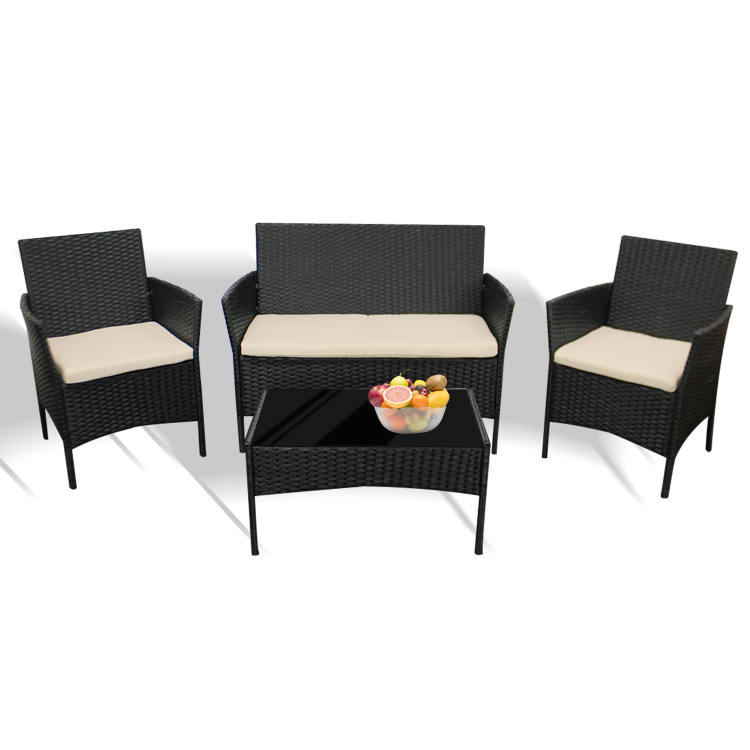 TEMU 4pcs Rattan Sofa Set Garden Furniture Patio Weaving Wicker Black Includes 2 Armchairs 1 Double Seat Sofa And