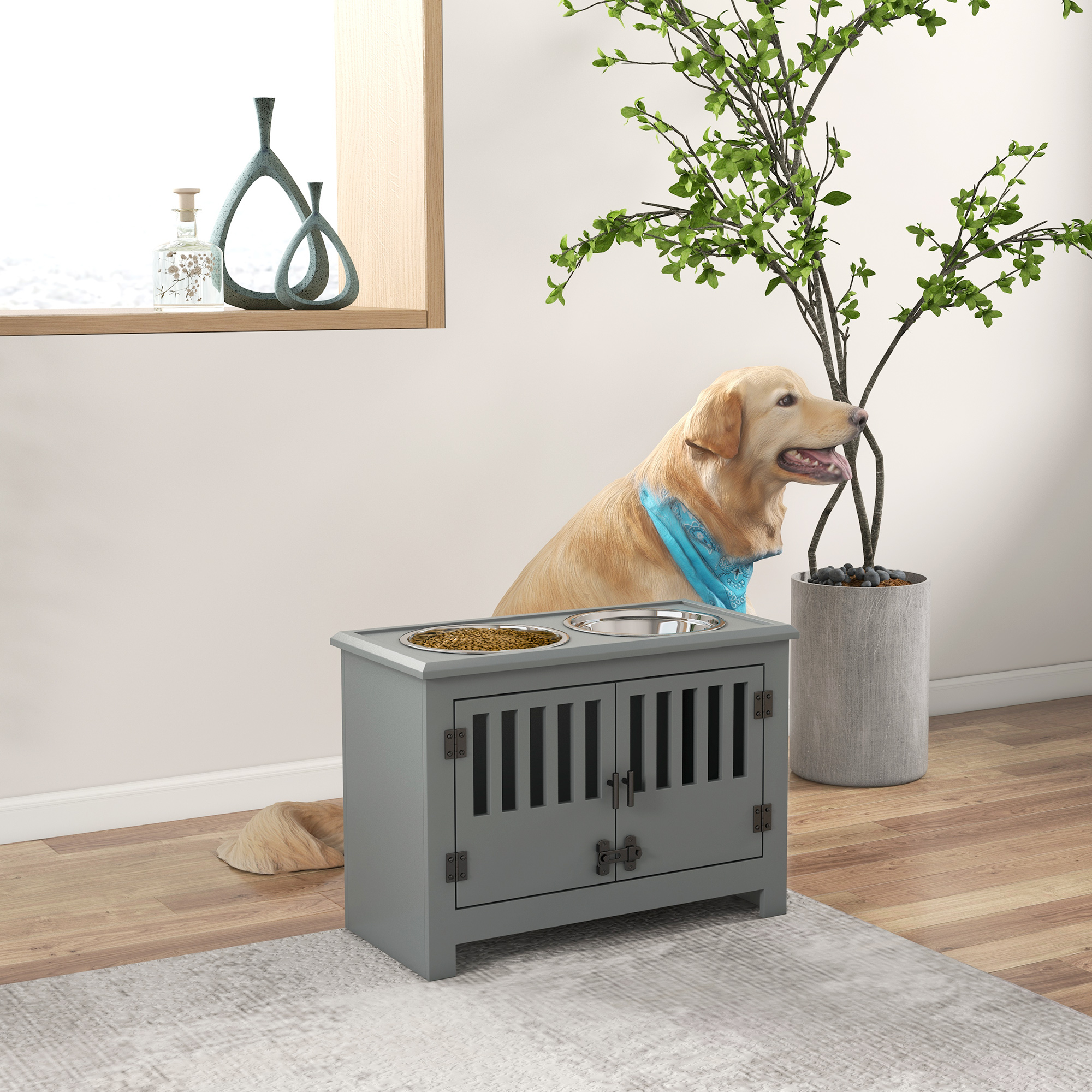 Elevated Dog Bowl Feeder With Stand, Water Bowl 2 X 2l Stainless Steel Bowls, Feeding Station For Extra Large Dogs, Grey