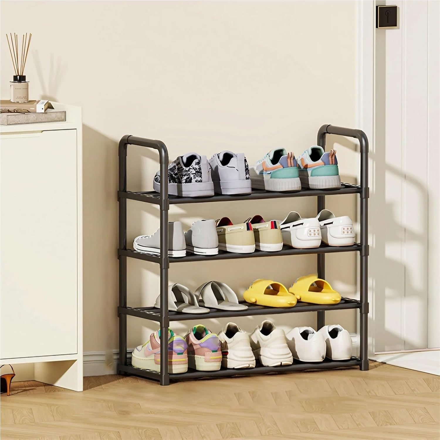 TEMU Estantería de Zapatero Metálico Negro 4 Estantes - Mueble Versátil con Baldas para Entrada, Recibidor, Armario, Salón, Dormitorio y Cocina
