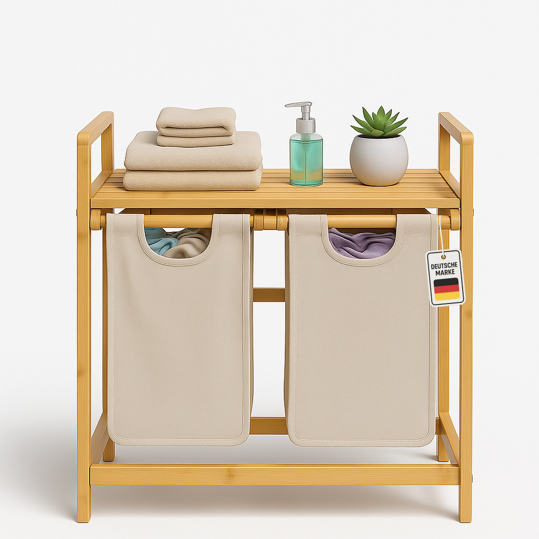 Roxlin Bamboo Laundry Basket With 2 Compartments 100l - Double 50l Laundry Collector With Removable Fabric Bags, Stable Bamboo Frame With Shelf, Space- Laundry Collector For Bathroom & Bedroom