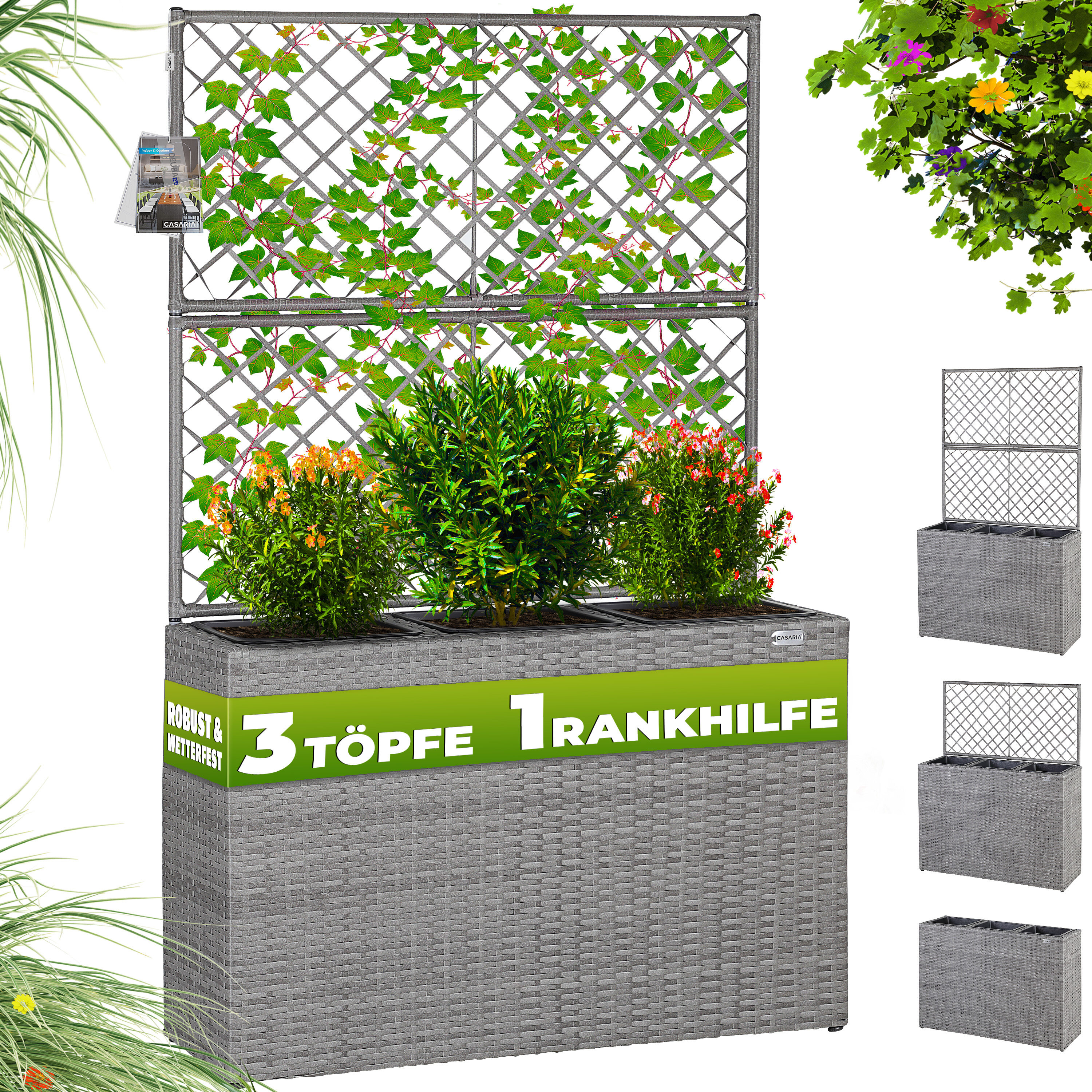 TEMU Casaria® Flower Box Trellis With 3 Inner Pots, Poly Rattan Weave Plant Support, Flower Pot With Rattan Look, Planter Box, Black