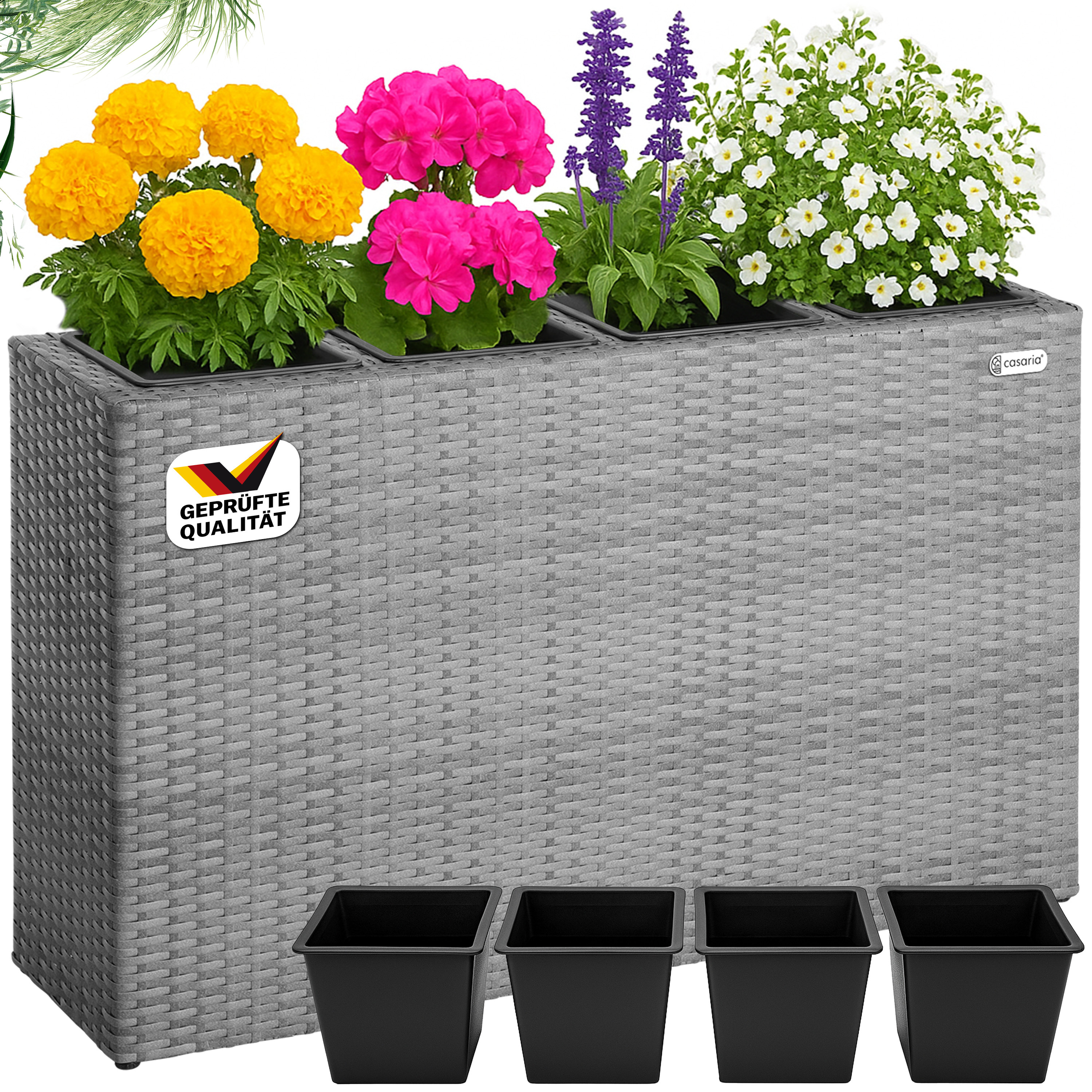 Casaria® Flower Box 4 Inner Pots Poly Rattan Removable Water Drain Outdoor Rectangular Planter Flower Pot High Bed Planter Tub Black