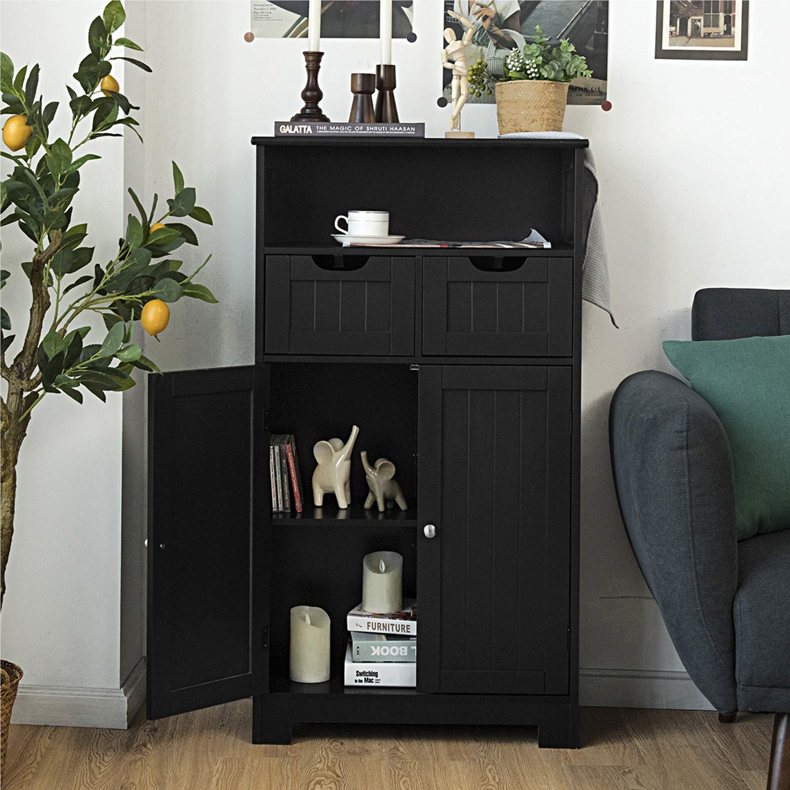 Image of Bathroom Cabinet With 2 Drawers, Open Compartment & Adjustable Shelf, Tall Wooden Cabinet, Bathroom Dresser Storage Cabinet For Bathroom, Kitchen, Living Room (black)